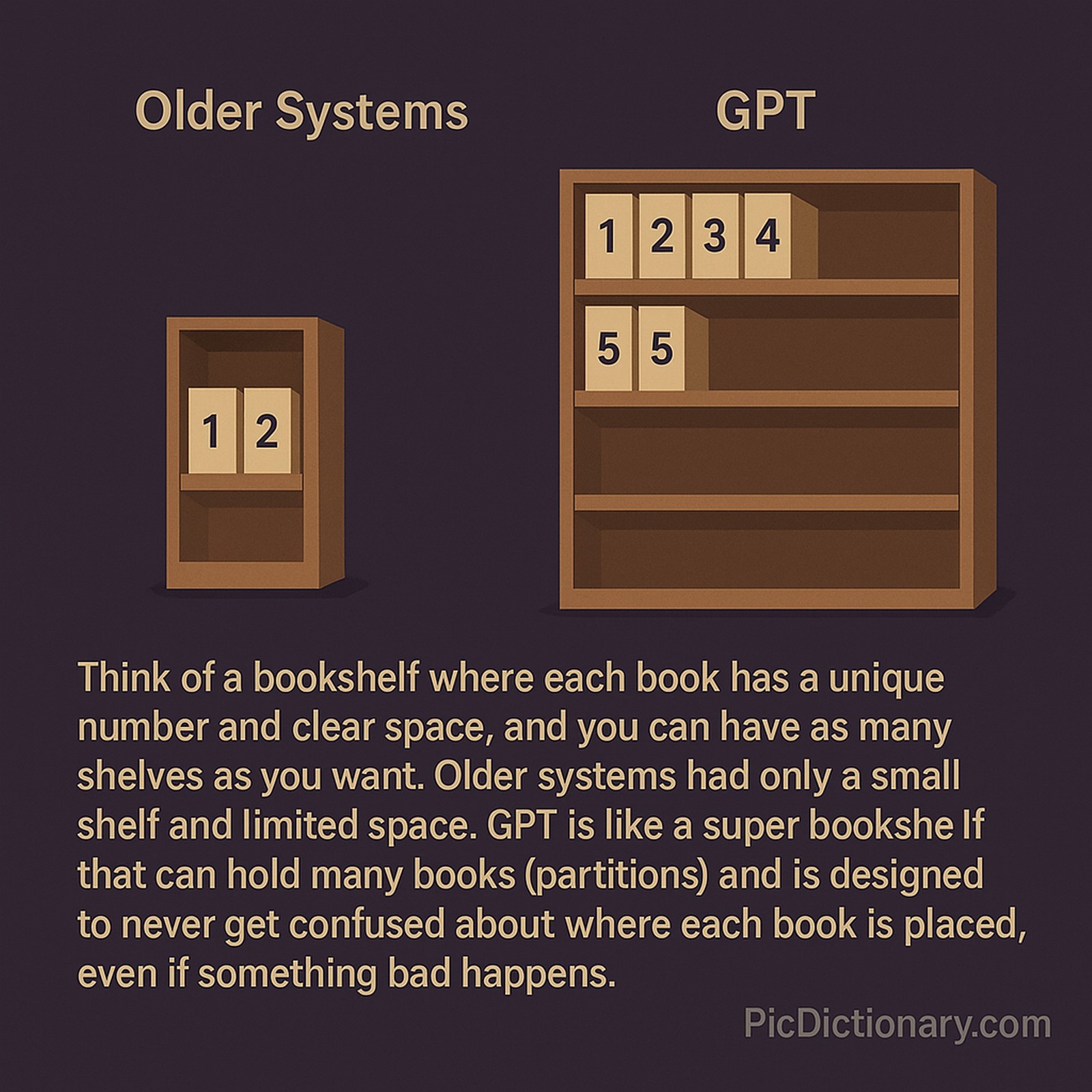 A 2D digital illustration compares an old partition system to the GUID Partition Table (GPT) using a bookshelf analogy. On the left, a small bookshelf labeled "Older Systems" holds only a few books labeled "1" and "2", showing limited storage. 