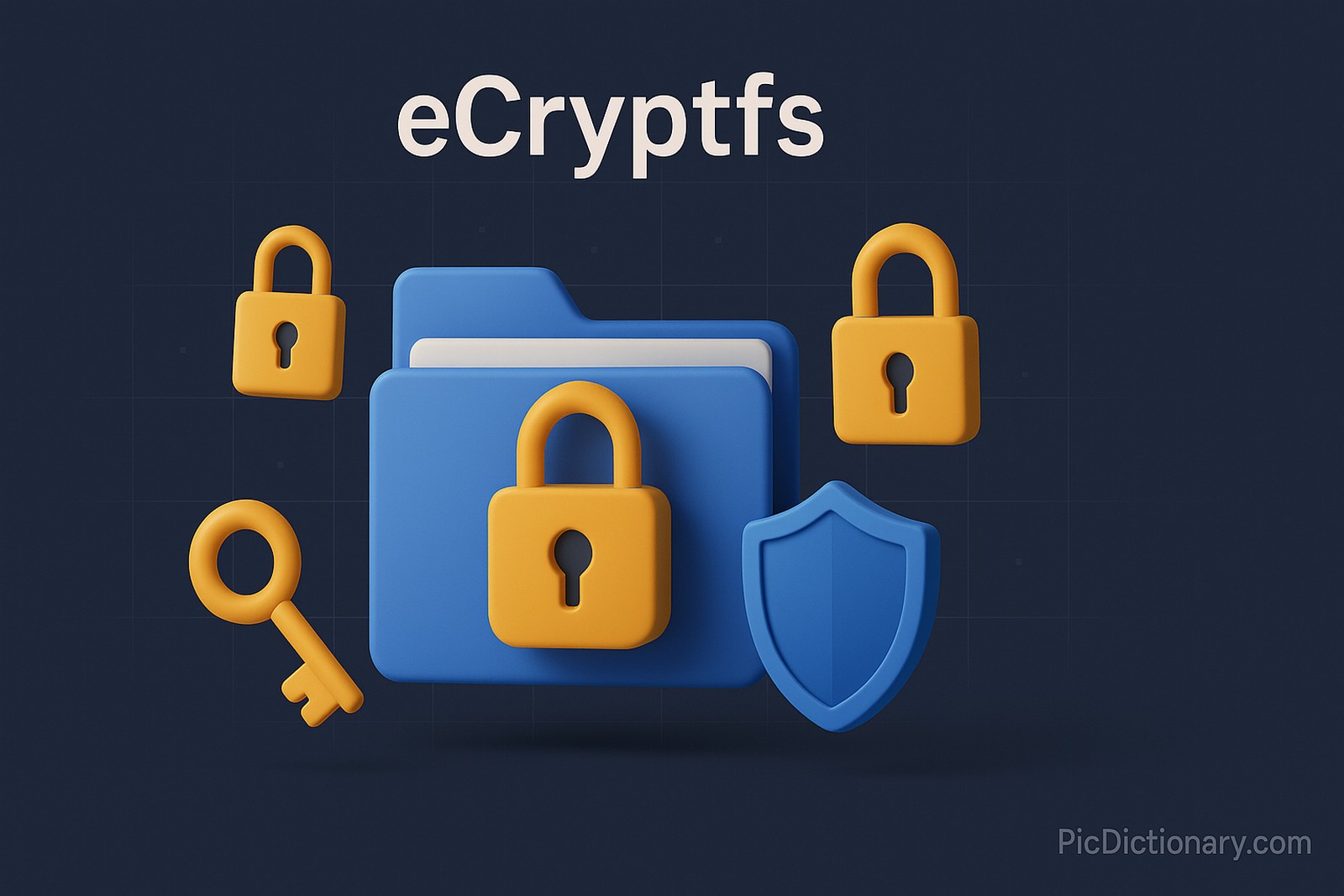 A 3D-rendered illustration representing eCryptfs as a secure file encryption system. The visual shows an encrypted folder icon surrounded by floating padlocks, digital keys, and shield symbols, emphasizing security and confidentiality. In the background, there are subtle grid lines and a dark gradient backdrop, suggesting a technical, protected environment.