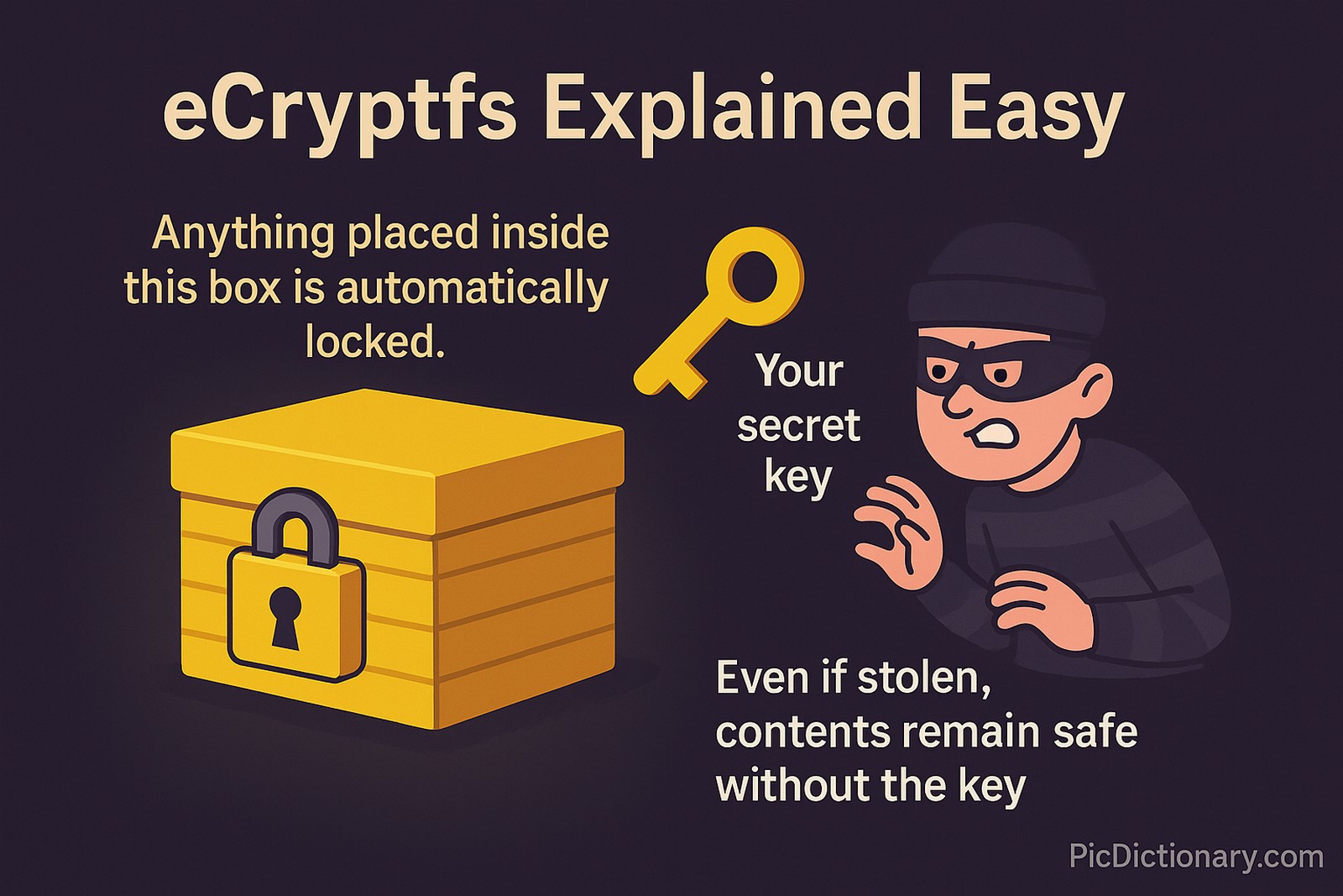 A 2D illustration on a dark background shows a sturdy locked box glowing softly. Text labels explain: "Anything placed inside this box is automatically locked." A key symbol floats beside the box, labeled "Your secret key." Nearby, a thief cartoon character is shown trying to peek into the box but failing because of the strong lock, with a label: "Even if stolen, contents remain safe without the key."