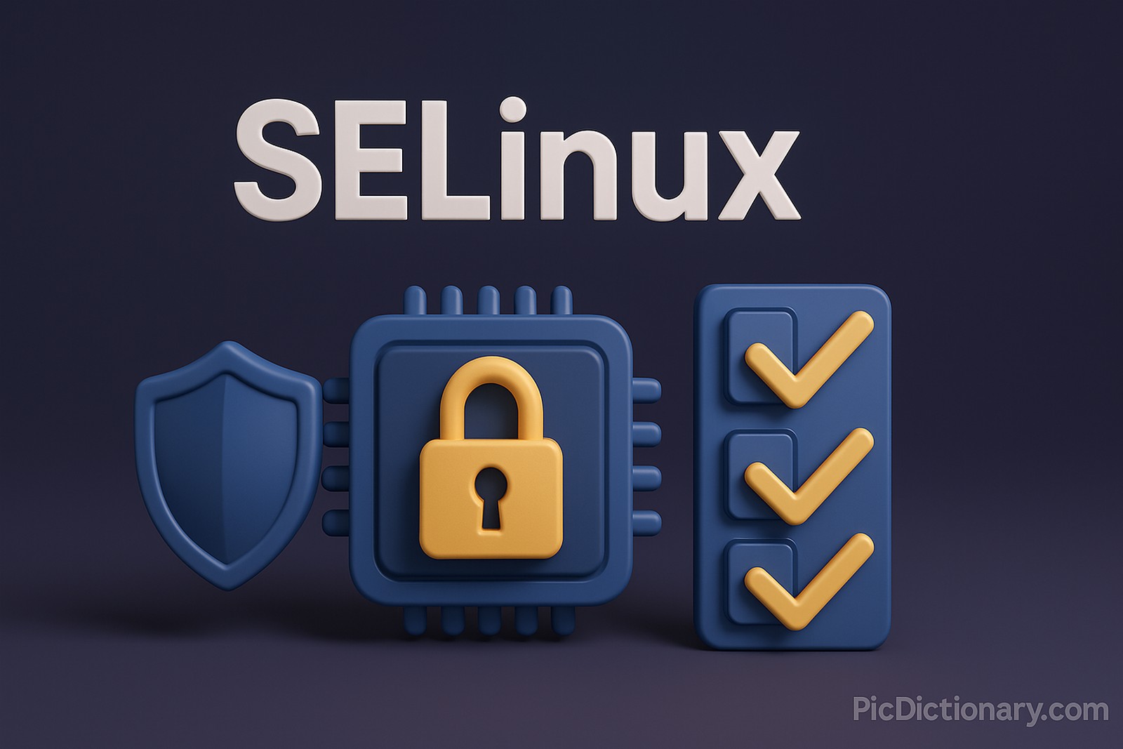 "3D rendered illustration of the term 'SELinux' in bold white letters on a dark gradient background. Below the title, a blue shield, a blue microchip with a golden padlock symbol, and a blue checklist with golden checkmarks represent security, system protection, and policy enforcement. 
