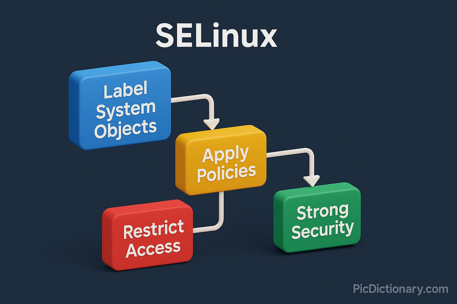 A 3D infographic on a dark blue background explaining the SELinux process. Four colorful rectangular blocks are connected with white arrows: "Label System Objects" (blue block) leads to "Apply Policies" (yellow block). From "Apply Policies," two arrows branch out — one to "Restrict Access" (red block) and one to "Strong Security" (green block).