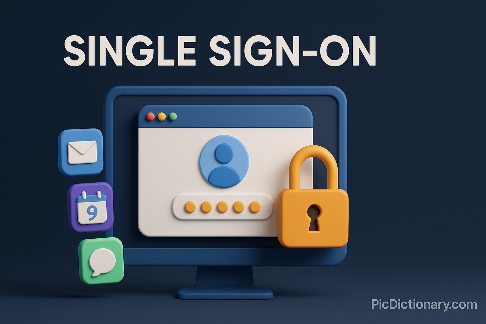 A 3D-rendered digital illustration features the concept of Single Sign-On (SSO). Centered is a blue computer monitor displaying a login screen with a user icon and password field. Surrounding the monitor are colorful 3D icons representing various apps like email, calendar, and messaging. A prominent orange padlock is placed over the login area, symbolizing secure access. 