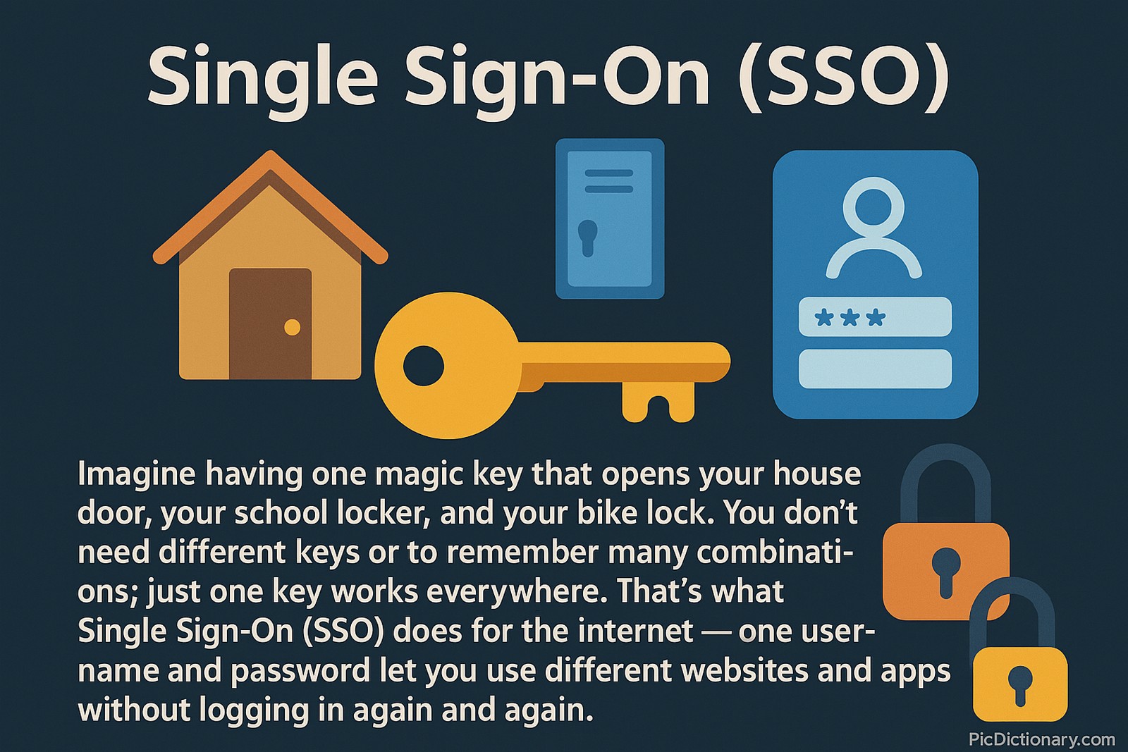 A 2D digital illustration explaining Single Sign-On (SSO) on a dark blue background. The image shows a golden key in the center, with icons of a house, a locker, and a digital ID card around it. Two padlocks, one orange and one yellow, are shown unlocked. Text below explains SSO by comparing it to using one magic key to open a house, locker, and bike lock, symbolizing one username and password giving access to multiple websites and apps. 