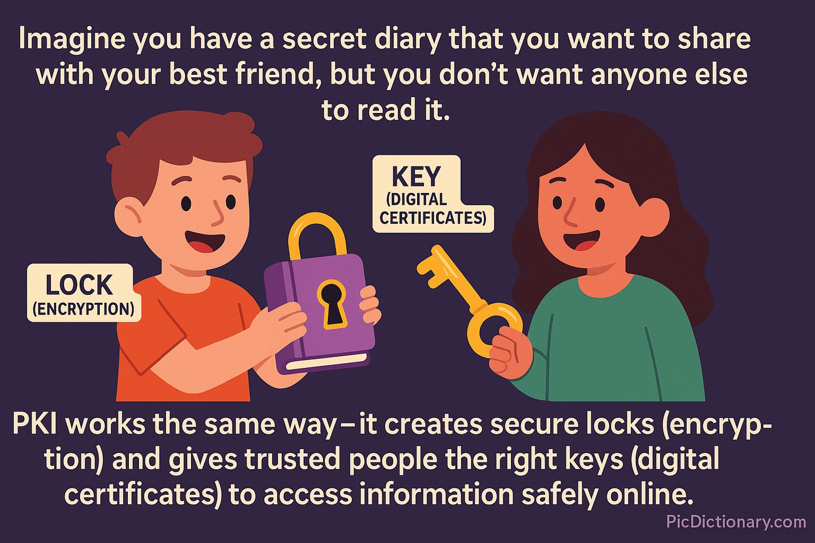 "A colorful, illustrative scene depicts two friends sharing a diary secured by a special lock and a unique key. One friend happily holds the diary, while the other holds the exclusive key, highlighting secure sharing. Clear text labels explain how this symbolizes encryption (lock) and digital certificates (key), visually simplifying the concept of Public Key Infrastructure (PKI).