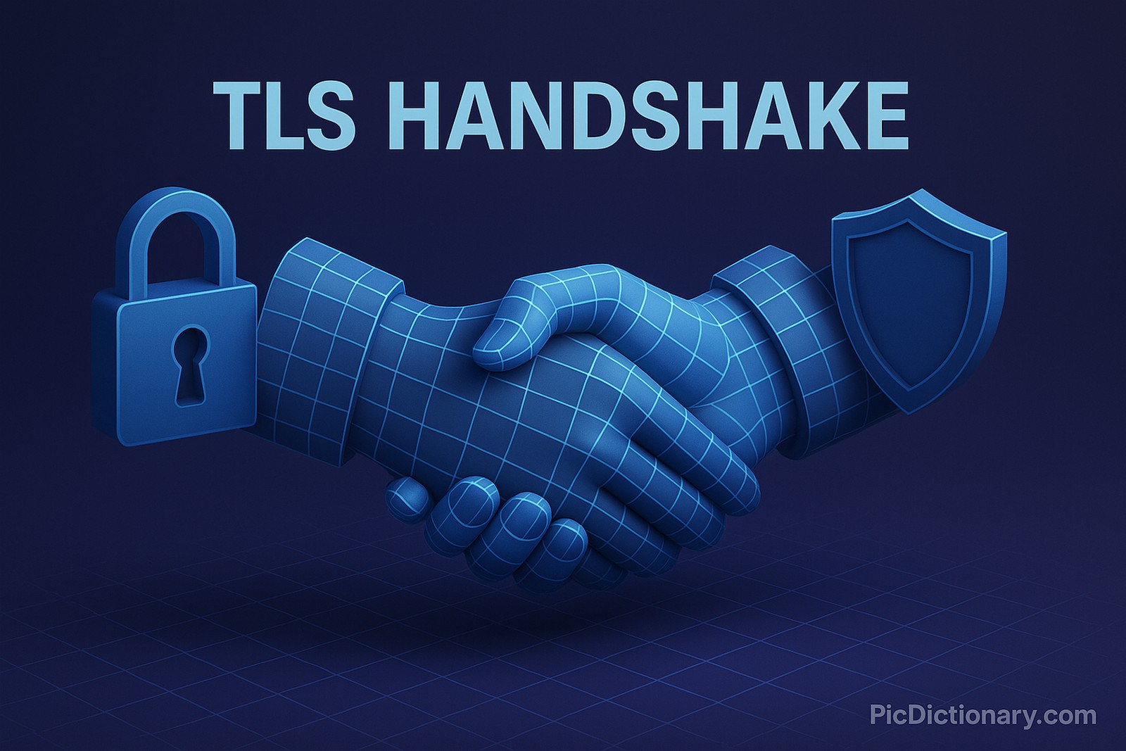3D-rendered digital illustration showing two blue wireframe hands shaking, symbolizing the TLS Handshake. A padlock icon appears next to the left hand and a shield icon next to the right hand, representing security and trust. The background is a dark purple-to-blue gradient.