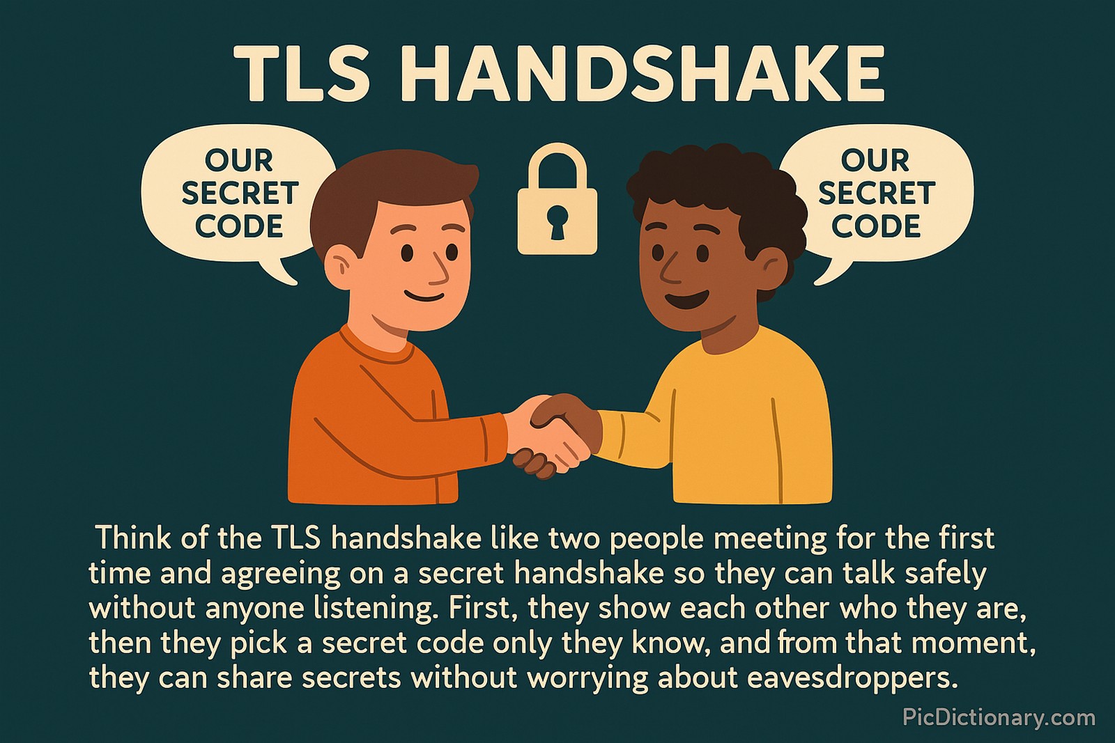 "Illustration showing two cartoon characters shaking hands, symbolizing the TLS handshake. Each character has a speech bubble that says 'OUR SECRET CODE,' and a lock icon is placed between them above the handshake. The background is dark teal. Below, a short paragraph explains the TLS handshake in simple terms: two people meet, verify each other, agree on a secret code, and communicate securely without eavesdroppers. 