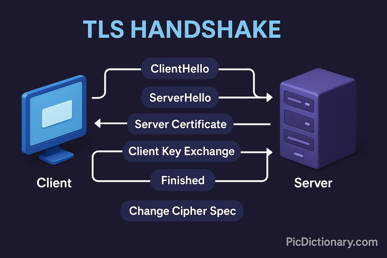 A 3D infographic showing the TLS Handshake process on a dark purple background. A blue computer icon labeled "Client" is on the left, and a purple server icon labeled "Server" is on the right. Between them, white arrows indicate the communication steps: "ClientHello" (client to server), "ServerHello" (server to client), "Server Certificate" (server to client), "Client Key Exchange" (client to server), "Finished" (client to server), and "Change Cipher Spec" (server to client).