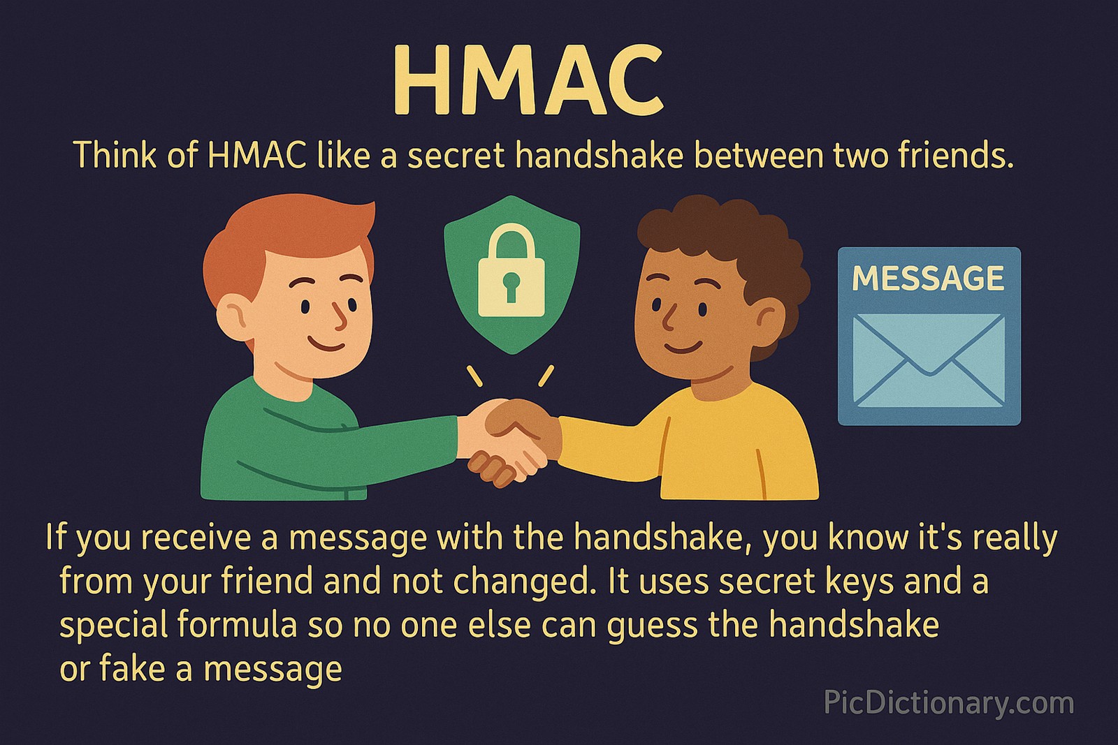 A 2D digital illustration explaining HMAC (Hash-based Message Authentication Code) with a dark purple-blue background. The title 'HMAC' is displayed in bold yellow at the top. Below it, two cartoon friends, one with light skin and red hair and the other with dark skin and curly brown hair, are shaking hands, representing the concept of a 'secret handshake.' Between them is a green shield with a padlock symbolizing security, and to the right, an envelope icon labeled 'MESSAGE' signifies secure communication. 