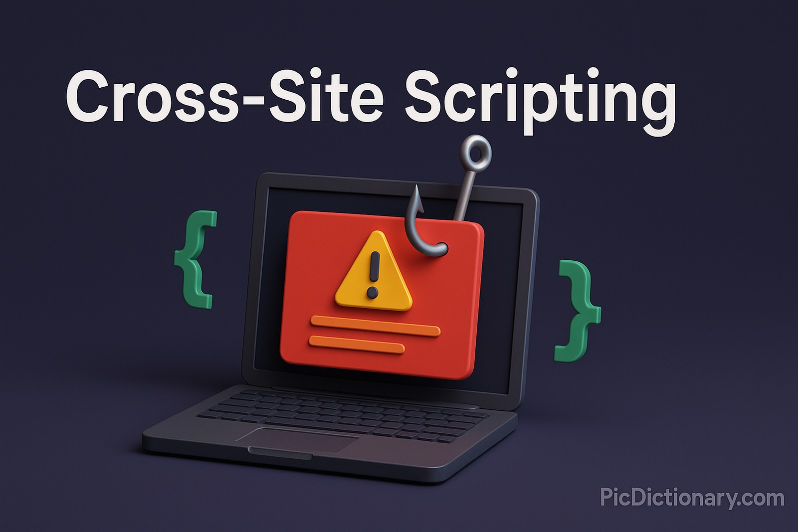 A 3D-rendered digital illustration features the text "Cross-Site Scripting" in bold white font across a dark purple-blue background. A laptop is displayed at a three-quarter angle, showing a red warning pop-up with a yellow triangle and an exclamation mark, symbolizing a security alert. A metallic phishing hook pierces through the pop-up, emphasizing the hacking threat. 