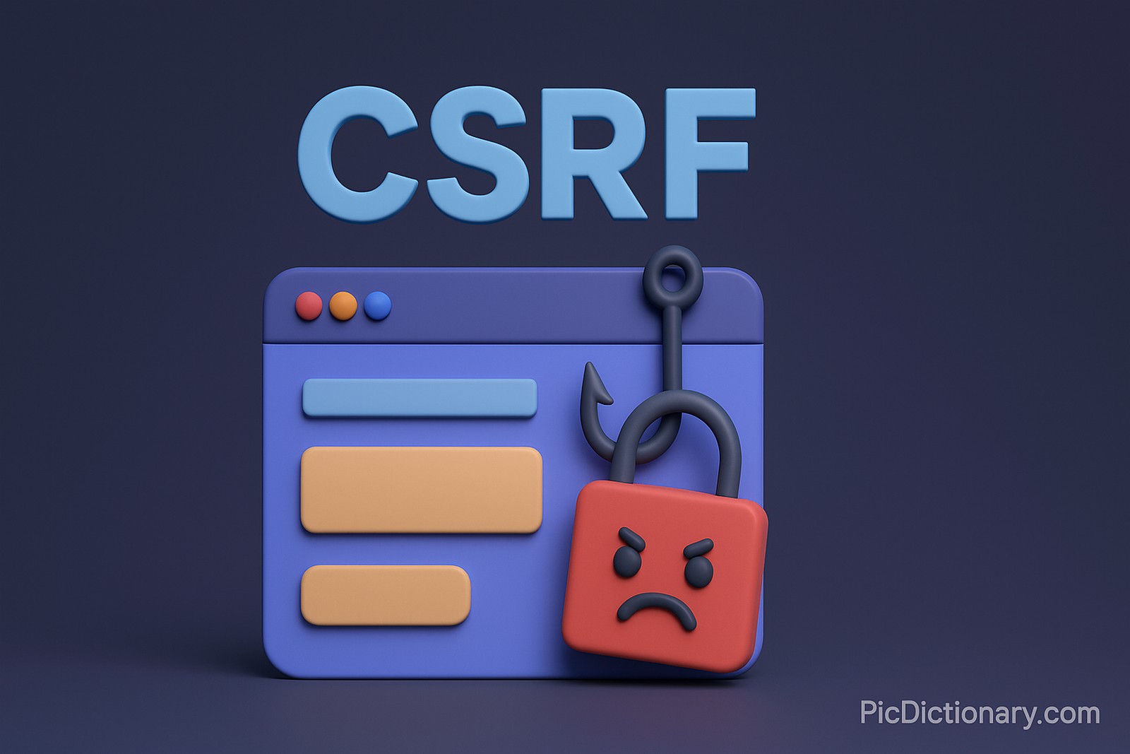 A 3D-rendered digital illustration visually representing Cross-Site Request Forgery (CSRF). The scene features the bold letters "CSRF" above a stylized browser window with orange and blue form elements. A black phishing hook grabs a red padlock showing an angry face, symbolizing a security breach.