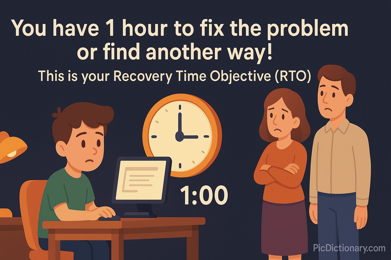 A 2D digital illustration showing a young boy sitting at a desk with a worried expression, working on a computer in a dark room. A large clock showing "1:00" appears beside him, symbolizing the one-hour limit. Two concerned parents stand nearby, watching him. Above, bold text reads: "You have 1 hour to fix the problem or find another way!" and below it, "This is your Recovery Time Objective (RTO)"