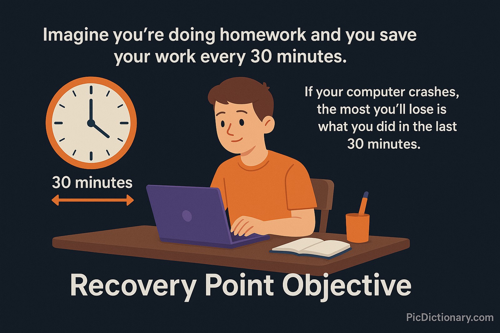 A 2D or 3D illustration showing a student working on a laptop at a desk, with a clock nearby displaying 30-minute intervals. An animation or visual cue highlights the student saving their homework every 30 minutes. In the background, a message shows: "If the computer crashes, only the last 30 minutes of work are lost." The scene clearly labels the concept of Recovery Point Objective (RPO) as the amount of data loss acceptable during a failure. 