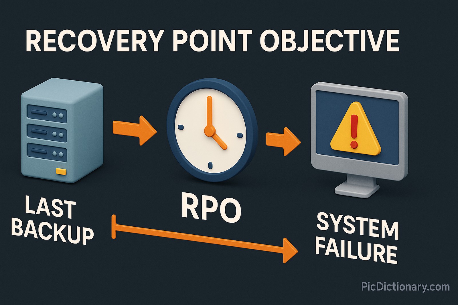 The image is titled "RECOVERY POINT OBJECTIVE" at the top in bold white text. It displays three 3D-styled elements: a "LAST BACKUP" server on the left, a clock in the center labeled "RPO," and a "SYSTEM FAILURE" computer screen on the right with a warning icon.