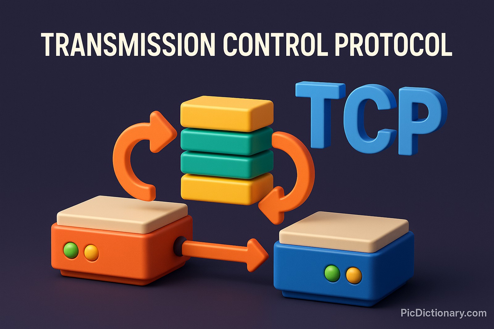 A 3D-rendered digital illustration features a visual representation of the Transmission Control Protocol (TCP). Two stylized network devices—one orange, one blue—are shown exchanging data via stacked packets in green and yellow. Curved orange arrows indicate bidirectional communication. The words "TRANSMISSION CONTROL PROTOCOL" are displayed at the top, with "TCP" in bold blue letters beside the packets. 
