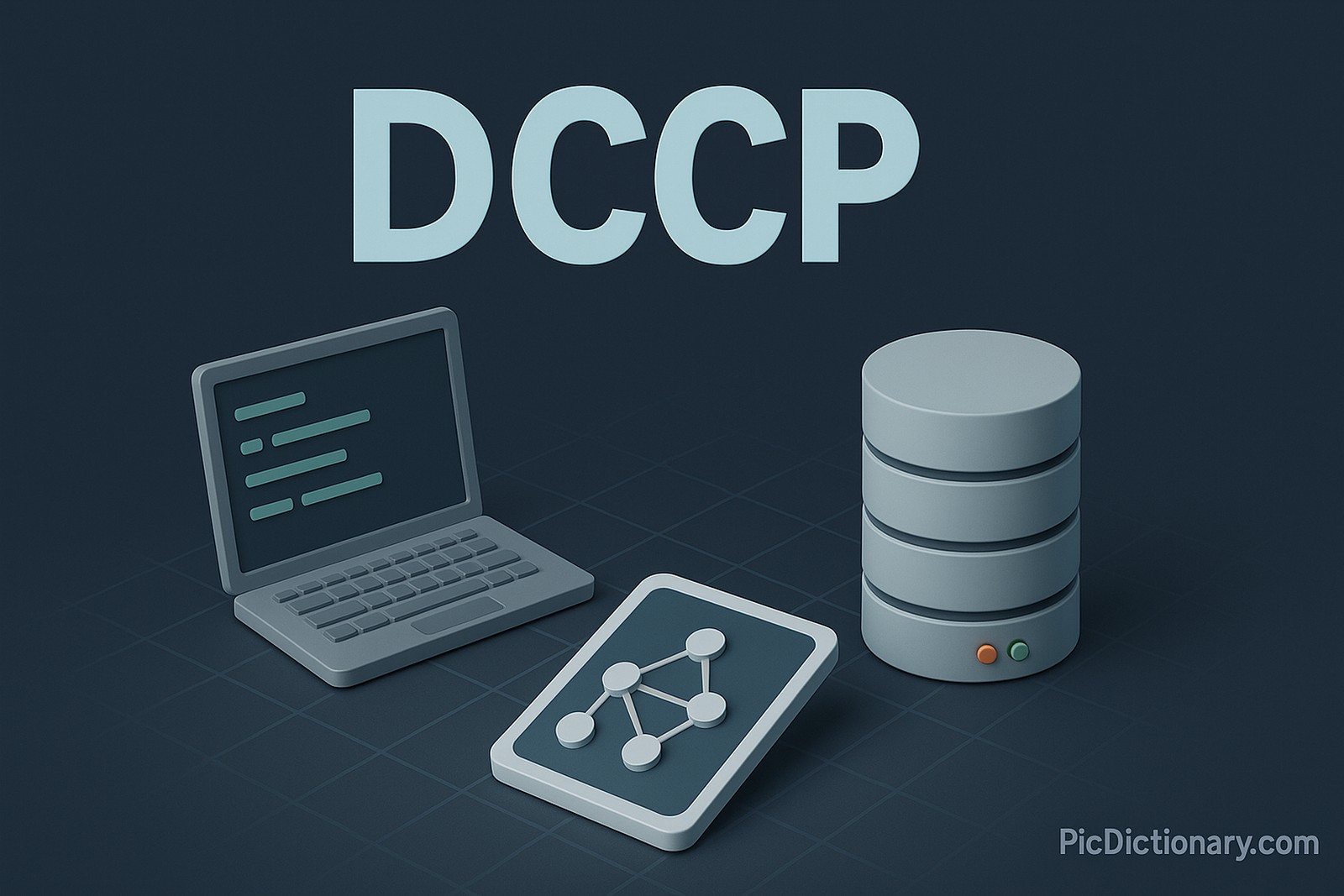 A 3D-rendered digital image features large, three-dimensional letters spelling "DCCP" at the top center in a bright, light-blue font. Below the text is a triangular arrangement of 3D objects: a gray laptop displaying green command lines on the screen, a digital tablet showing a network node diagram, and a stack of cylindrical server units with indicator lights.