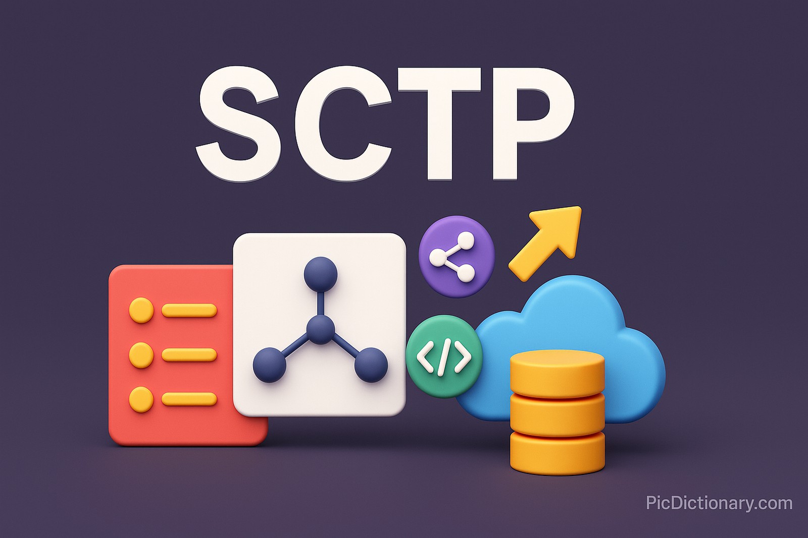 A 3D-rendered digital illustration features the acronym "SCTP" in bold white letters centered on a dark purple background. Surrounding the title are stylized icons including a network diagram, bullet points, a cloud, an upward arrow, code brackets, and stacked database disks. The design reflects concepts of data transfer, structured communication, and network protocols.