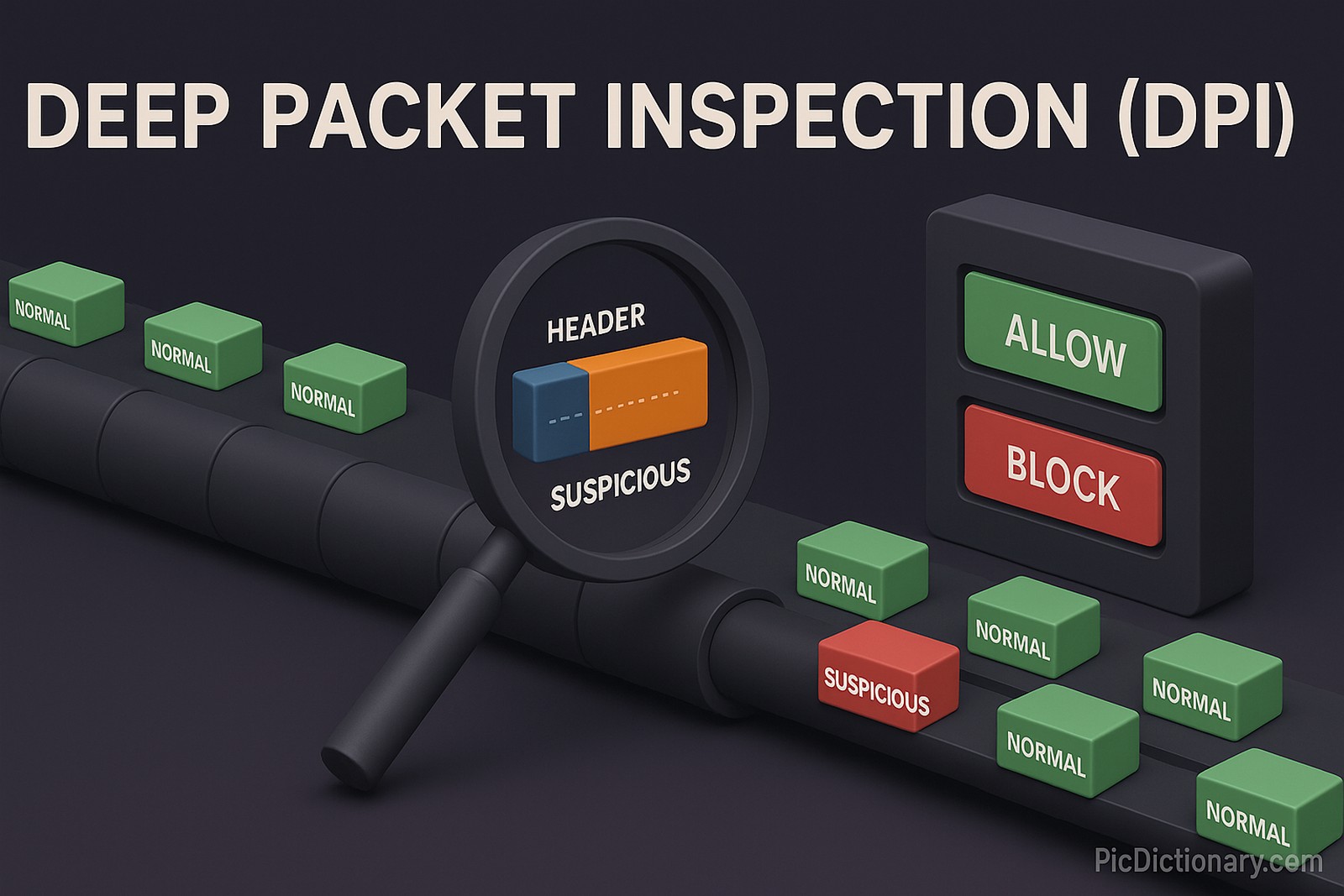 3D rendered infographic showing the concept of Deep Packet Inspection (DPI). The scene includes a large, dark-toned network data pipeline stretching across the image. Color-coded data packets flow through it—some labeled “Normal” and others “Suspicious.” A magnifying-glass-like device inspects the contents of each packet in real time, revealing inner layers like headers and payloads. Nearby, a firewall panel shows “Allow” and “Block” indicators responding to the packet analysis.
