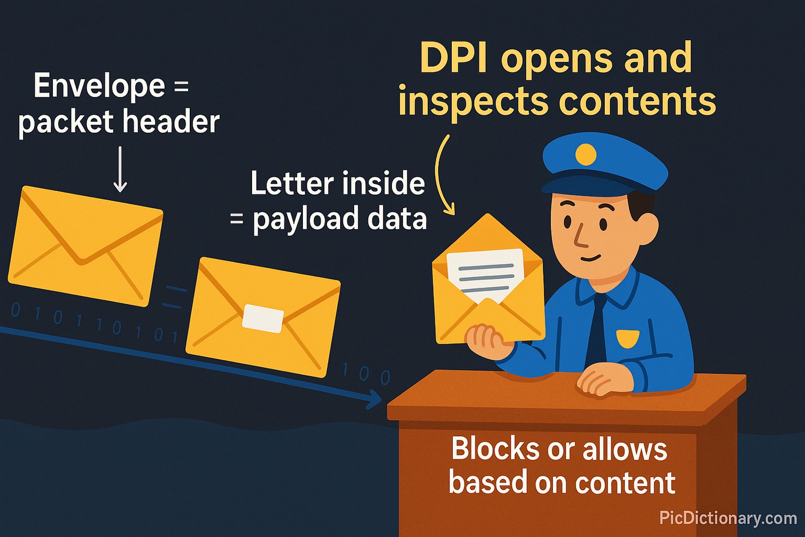 A 3D or 2D digital illustration showing a postal worker at a desk, holding an opened envelope and reading a letter inside, symbolizing how Deep Packet Inspection works. Nearby, other envelopes pass by untouched to represent regular inspection. The scene also includes digital elements like internet data packets or binary code flowing through a network line that transitions into physical mail. 