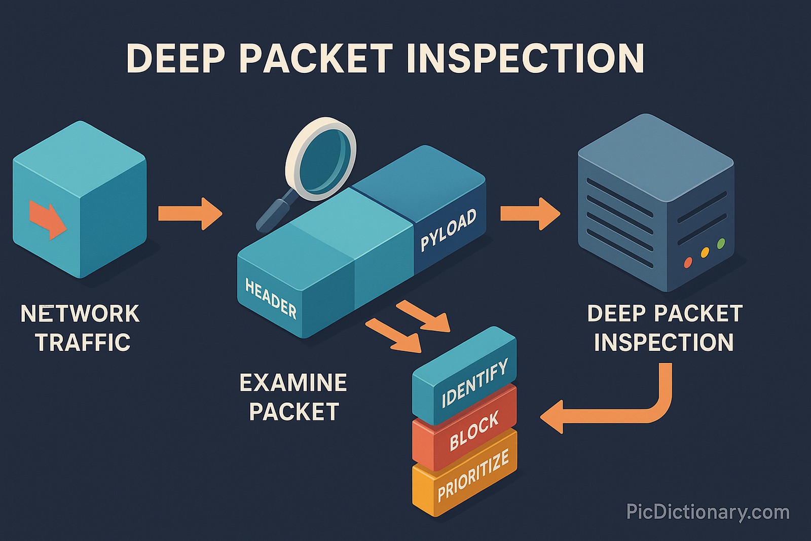 A 3D infographic titled “Deep Packet Inspection” shows the process of analyzing network traffic. A blue cube labeled "Network Traffic" points to a dissected packet with "Header" and "Payload" sections being examined by a magnifying glass. This leads to a server labeled "Deep Packet Inspection." From there, the packet is categorized into three blocks: "Identify," "Block," and "Prioritize."