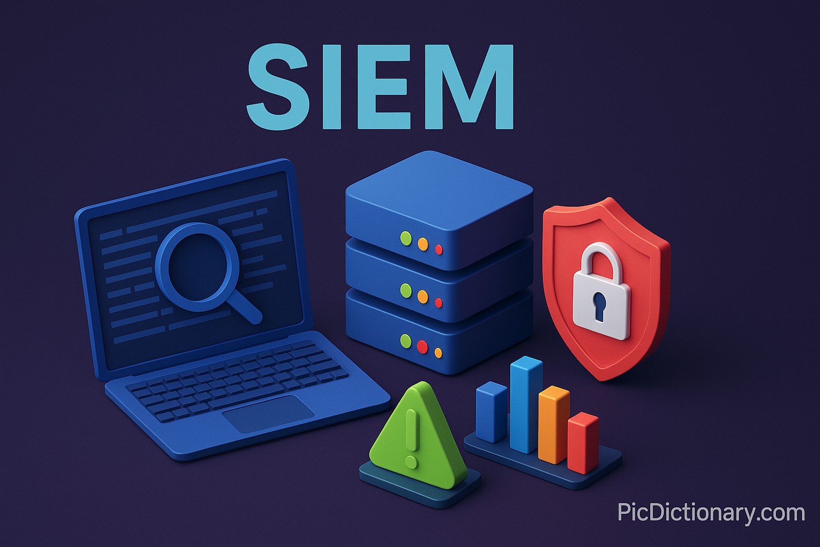 A 3D-rendered digital illustration features the acronym "SIEM" in large light blue letters at the top center. The image includes a blue laptop with a magnifying glass icon on its screen, a stack of blue servers with status lights, a red security shield with a padlock, a green warning triangle, and a multi-colored bar chart. All elements are arranged in an isometric view on a dark purple background. 