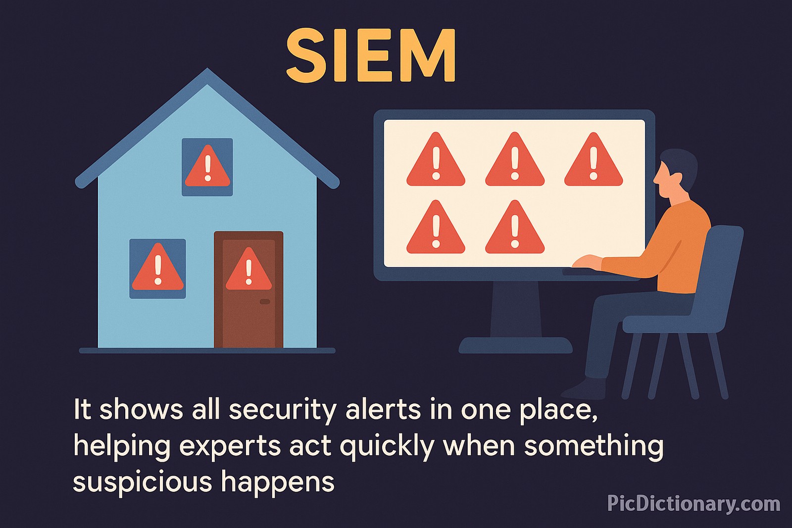  A flat-style digital illustration on a dark background showing a house with alarm icons on its windows and door, next to a person monitoring a computer screen filled with red warning signs.
