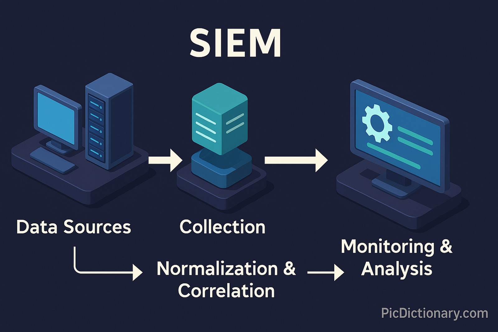A 3D-rendered digital infographic illustrates the SIEM process. On the left, "Data Sources" are shown as a monitor and server. An arrow points to the center labeled "Collection," represented by a database-like cube. Below, another arrow leads to "Normalization & Correlation.