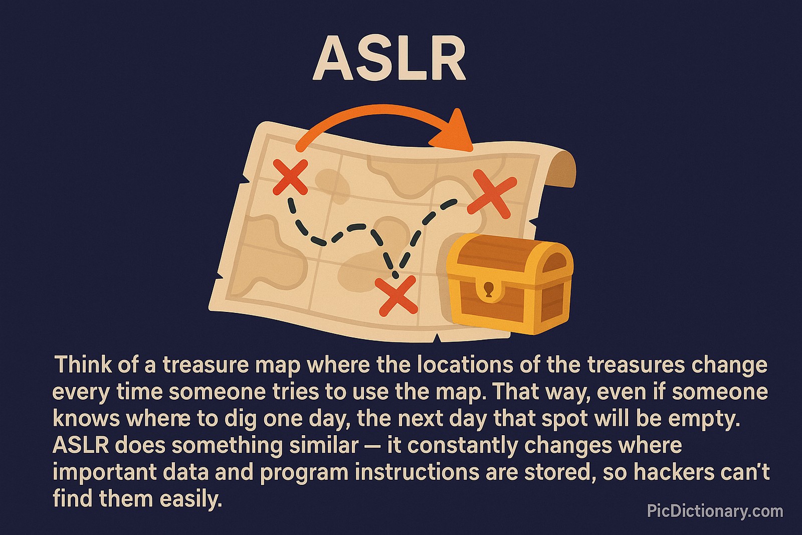 A 2D digital illustration visually explains Address Space Layout Randomization (ASLR) using a treasure map metaphor. The map has multiple red X marks and a treasure chest, symbolizing shifting memory locations. An orange curved arrow shows the change in location. 