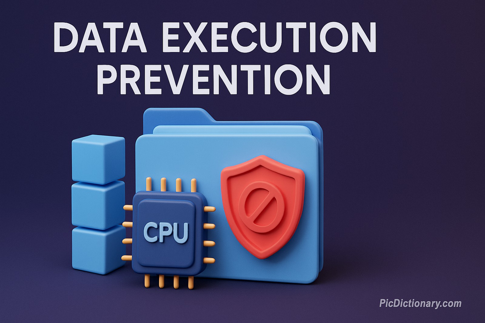  A 3D-rendered digital illustration shows a blue folder with a red security shield icon and a CPU chip labeled "CPU" in front. Stacked blue cubes sit to the left. The background is a dark purple-blue gradient. Title text above reads “DATA EXECUTION PREVENTION.”