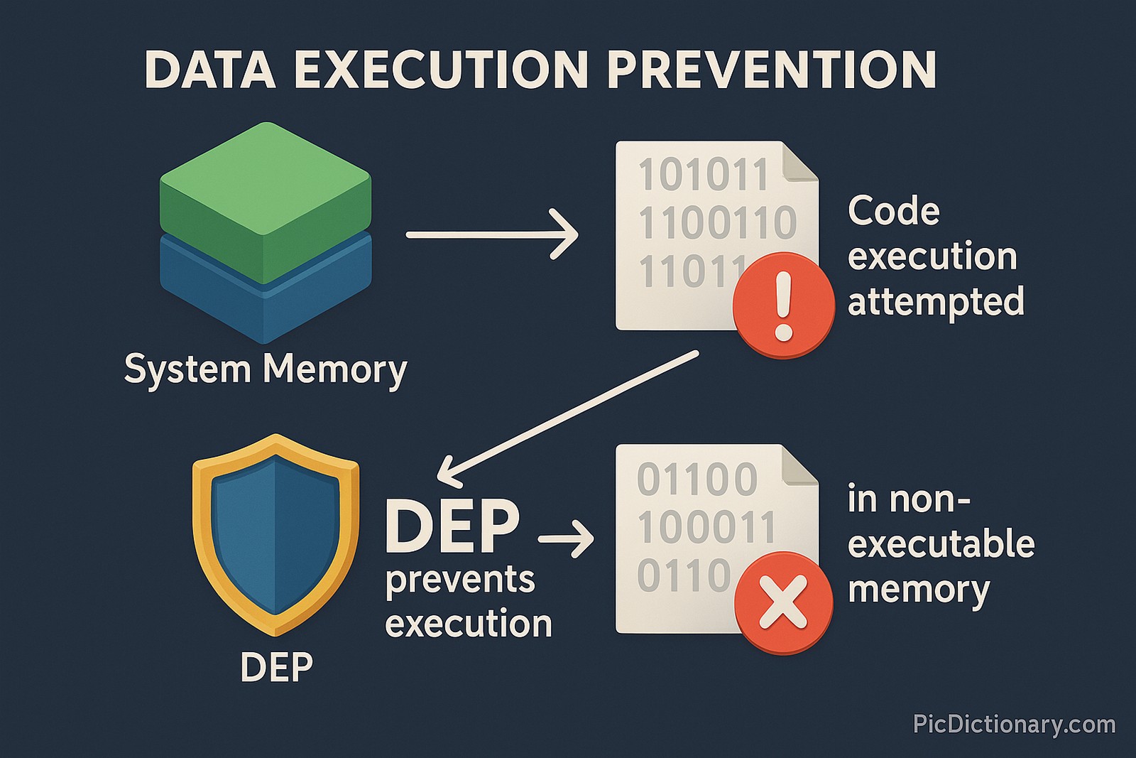 A 3D-style infographic explains Data Execution Prevention (DEP) using labeled icons. It shows system memory, an attempted code execution marked with an exclamation symbol, a shield labeled "DEP" intervening, and a blocked execution in non-executable memory marked with an X. 