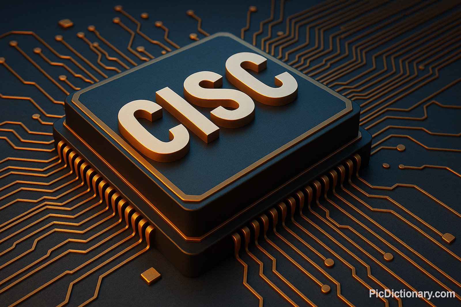 A 3D-rendered digital image visually represents CISC (Complex Instruction Set Computing), showing a central microchip labeled “CISC” in large bold letters on a dark blue circuit board with glowing gold lines. 