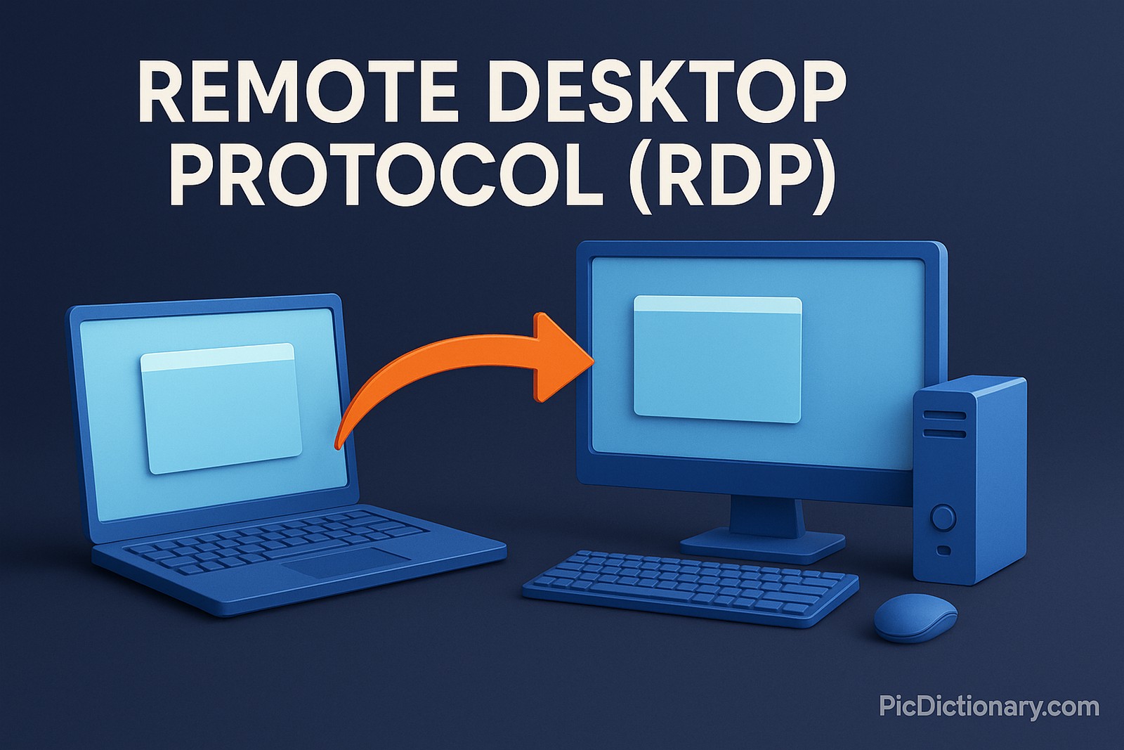 A 3D-style digital illustration shows a blue laptop on the left and a desktop computer on the right, connected by an orange arrow symbolizing remote access. Both screens display a light blue application window. 