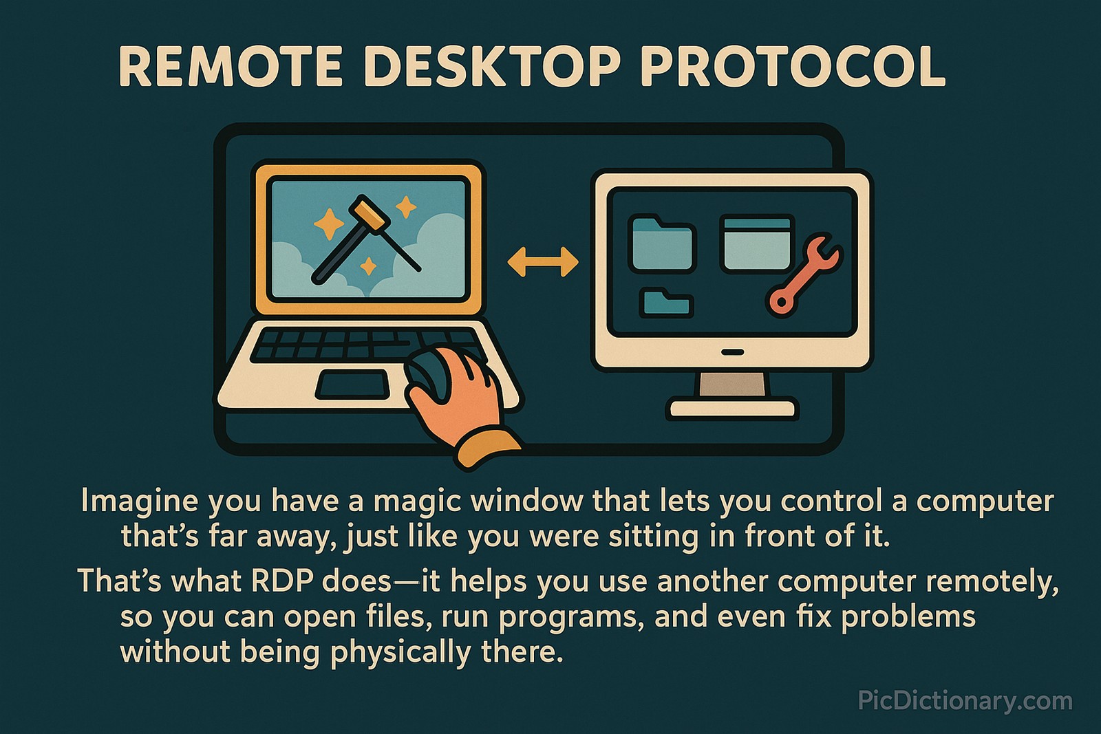 A 2D digital illustration on a dark teal background showing a laptop on the left with a glowing hammer icon, connected by arrows to a desktop computer on the right displaying folders and a wrench, symbolizing Remote Desktop Protocol (RDP) as a way to control a distant computer. 