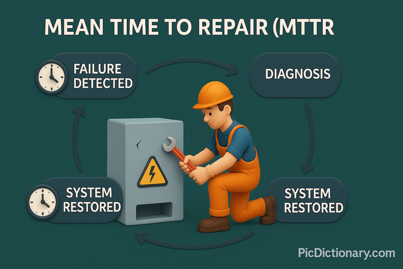 3D rendered infographic illustrating the concept of Mean Time to Repair (MTTR) in a mechanical or technical context. The image features a central scene of a technician repairing a broken machine, surrounded by four labeled steps in a circular workflow: “Failure Detected,” “Diagnosis,” “Repair Begins,” and “System Restored.” A clock icon next to each step emphasizes the time aspect.