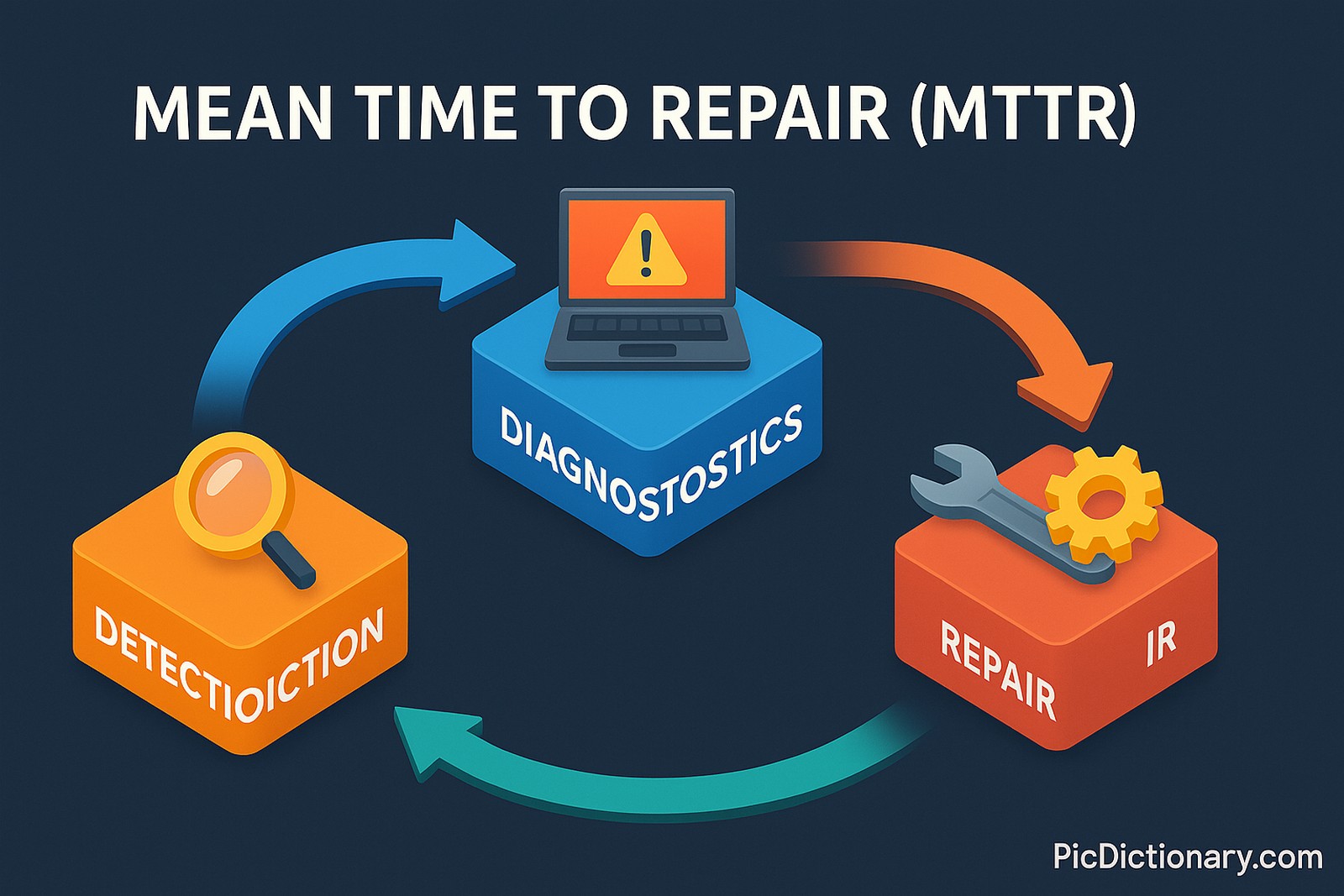  A 3D vector-style infographic titled “Mean Time to Repair (MTTR)” on a dark blue background. Four colored blocks are arranged in a circular flow with curved arrows between them. The blocks are labeled: "DETECTION" (orange with magnifying glass icon), "DIAGNOSTICS" (blue with laptop warning icon), "REPAIR" (red-orange with wrench and gear icon), and "TESTING" (green with gear icon). 