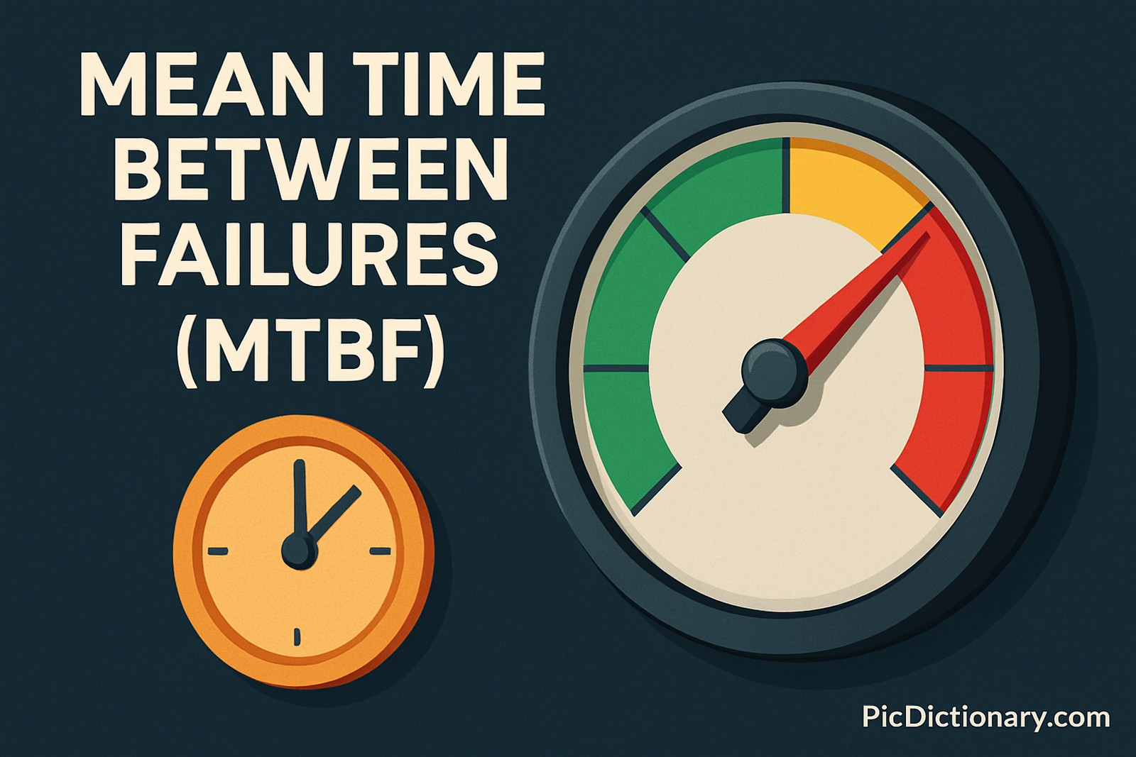 A 3D-rendered digital illustration on a dark blue background, showcasing the concept of Mean Time Between Failures (MTBF). The image features a bold title on the left, a large gauge on the right with green, yellow, and red segments and a red needle pointing toward green, symbolizing reliability. An orange clock icon is placed below the title. 