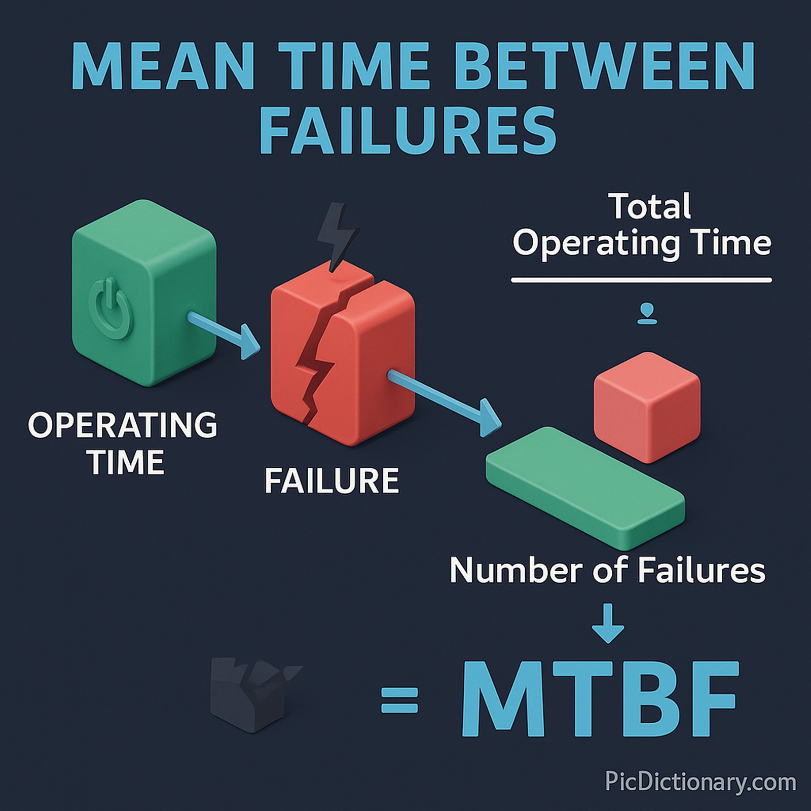 A 3D isometric infographic diagram titled "Mean Time Between Failures" on a dark blue background. It visualizes the MTBF concept in four labeled steps: a green cube with a power icon for "Operating Time," a cracked red block with a lightning bolt labeled "Failure," a fraction with "Total Operating Time" over "Number of Failures," and a large blue "MTBF" label at the bottom. Light blue arrows guide the workflow left to right.