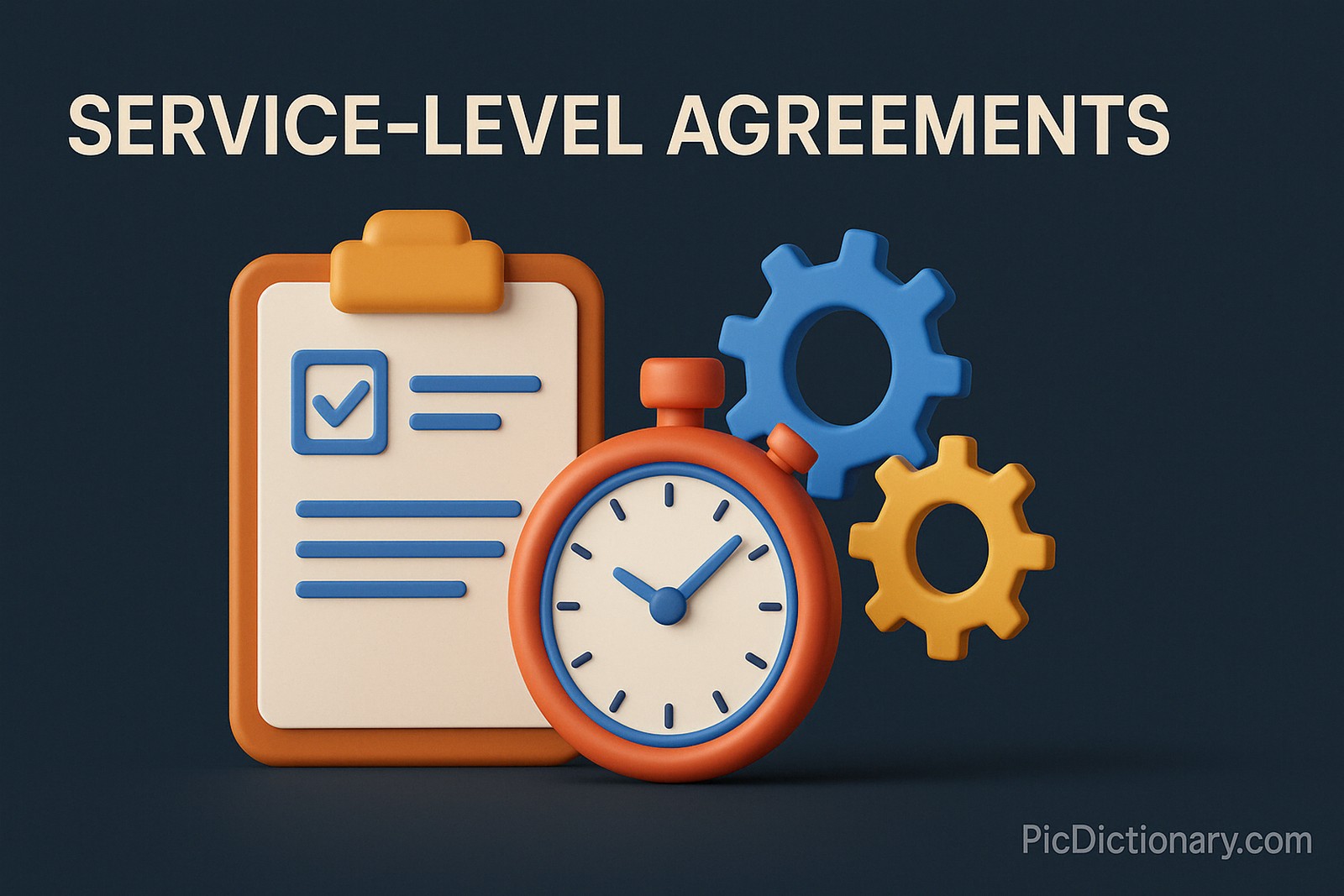 A 3D-rendered digital image visually represents the concept of Service-Level Agreements (SLA). It features a navy blue background and includes a clipboard with a checklist, a stopwatch symbolizing timing and performance, and two interlocking gears to represent service operations. 