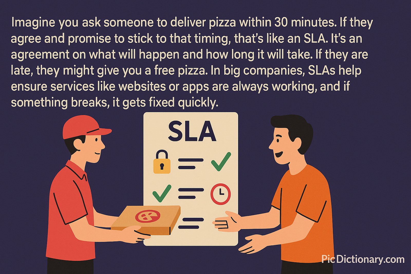  A flat-style digital illustration with a dark purple background shows a pizza delivery person handing a box to a smiling customer. Between them is a large SLA document featuring symbols like a padlock, checkmarks, and a clock, visually representing reliability and timeliness.