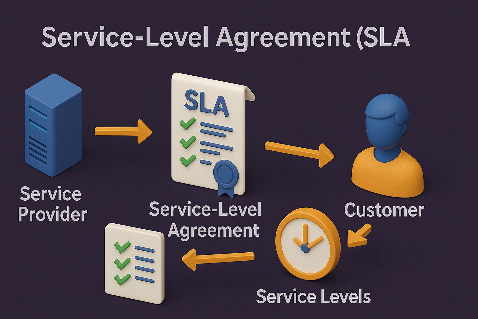 A 3D isometric infographic titled "Service-Level Agreement (SLA)" on a dark purple background, formatted in a 16:9 aspect ratio. The diagram shows a clear workflow with labeled elements: a blue server labeled "Service Provider," an SLA document with checkmarks labeled "Service-Level Agreement," a stylized blue and orange figure labeled "Customer," and a yellow-orange clock labeled "Service Levels." Yellow-orange arrows connect each component in a cycle. 