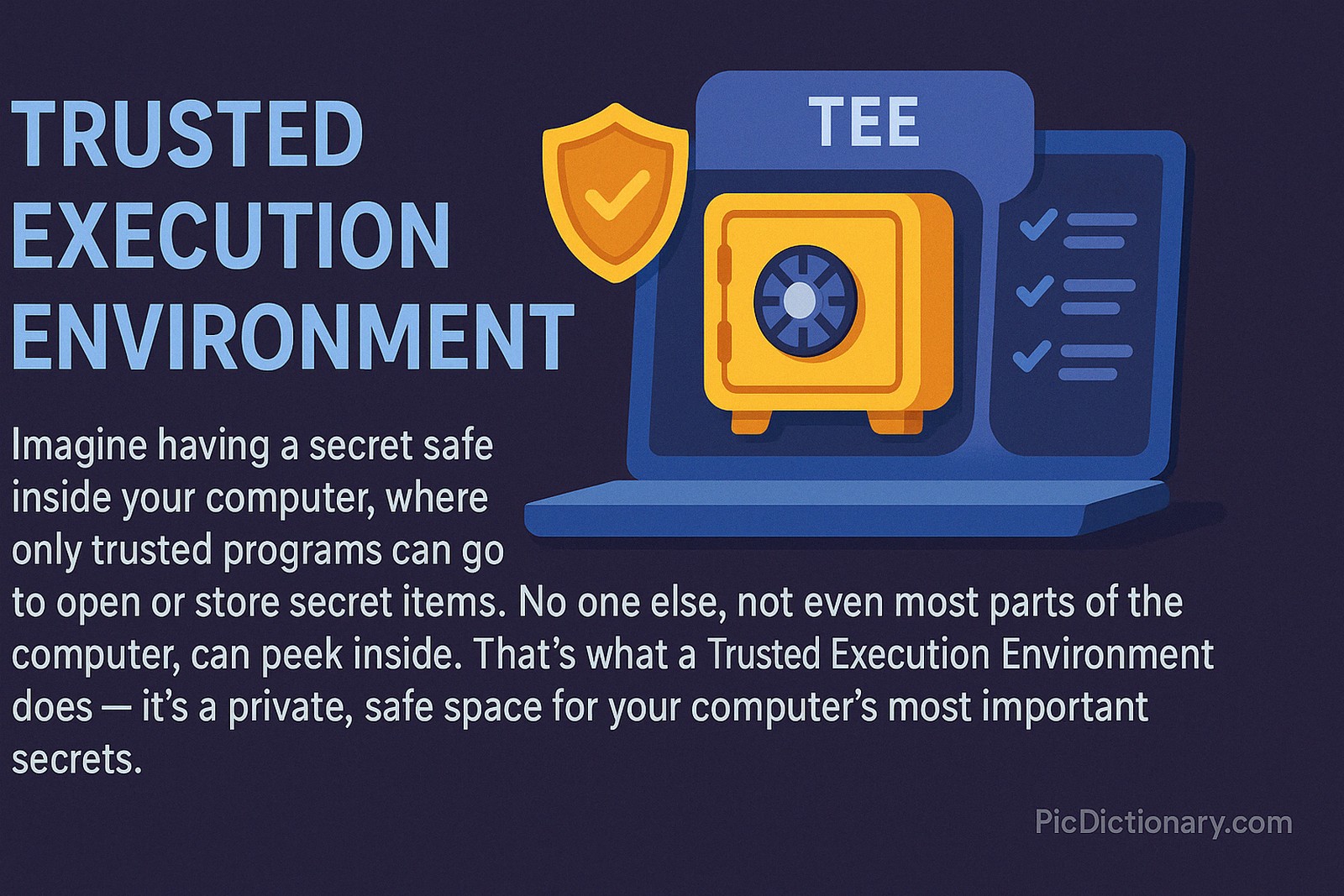 A flat-style digital illustration explaining a Trusted Execution Environment (TEE). The left side features the title “Trusted Execution Environment” in bold blue text and a short paragraph that compares TEE to a secret safe inside a computer. On the right, a dark blue laptop screen displays a secure yellow safe marked "TEE" with a shield icon, indicating restricted access.