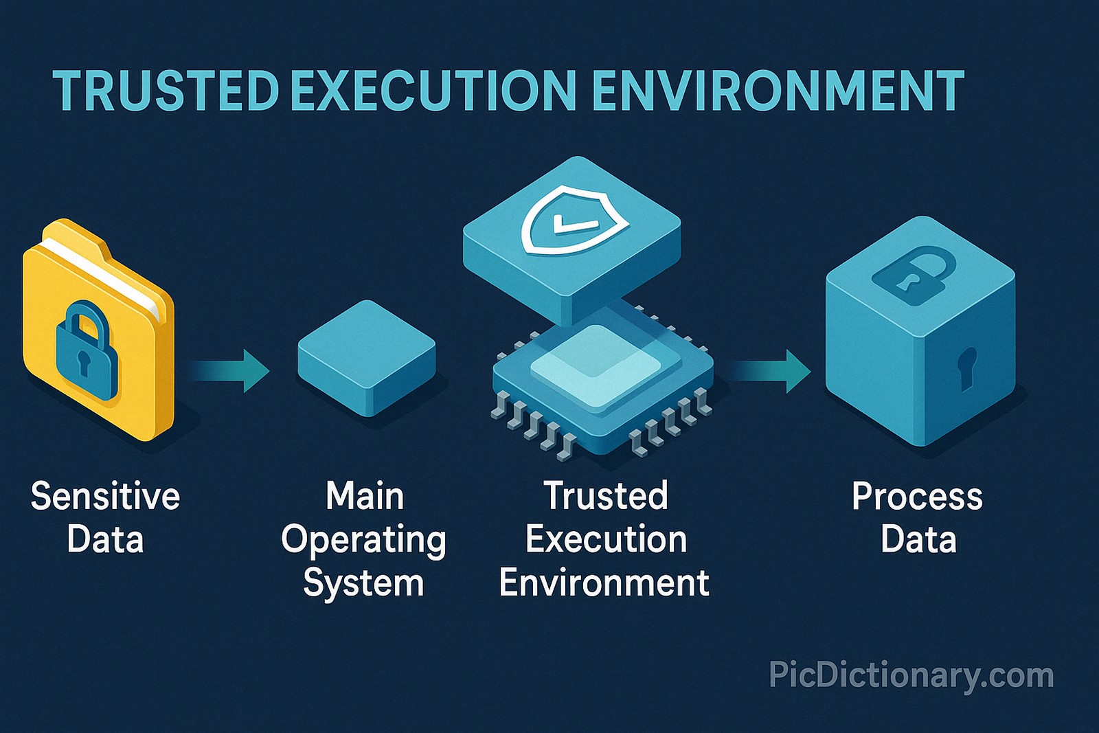 A 3D-style infographic illustrates the Trusted Execution Environment (TEE) concept. From left to right: a yellow folder labeled "Sensitive Data" with a padlock icon, an arrow points to a block labeled "Main Operating System," followed by a microchip labeled "Trusted Execution Environment" with a shield icon above it, and ending with a secure cube labeled "Process Data" with a keyhole symbol.