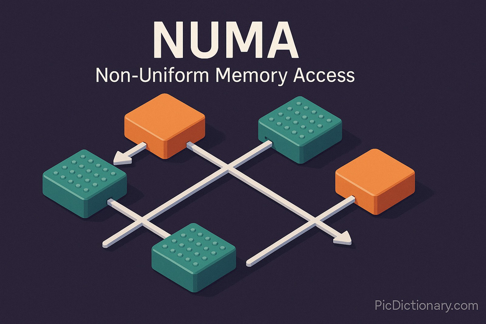  A 3D-rendered illustration of the NUMA (Non-Uniform Memory Access) architecture, showing orange processor units and teal memory blocks connected by white arrows. 