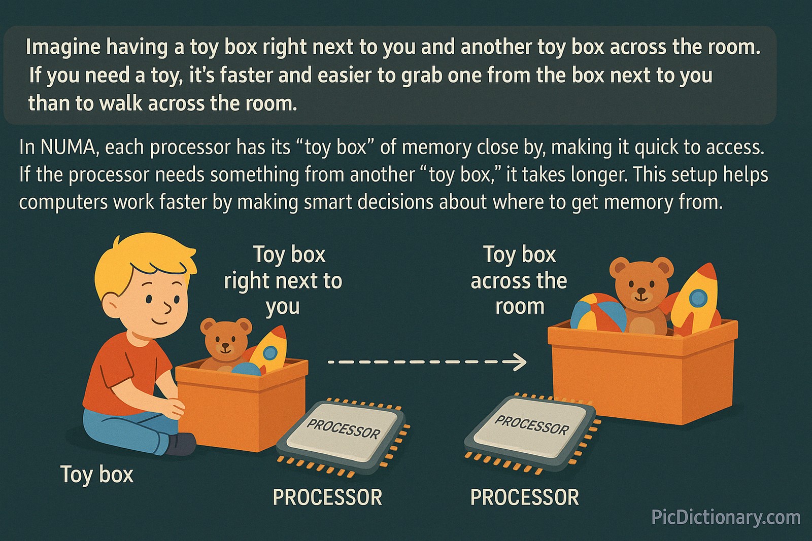 A 2D illustration showing a child sitting near a toy box labeled "Toy box right next to you" with a nearby processor labeled "Processor." Across the room is another toy box and processor labeled "Toy box across the room." Arrows indicate that accessing the farther toy box takes longer. The scene explains NUMA by comparing memory access to reaching for nearby versus distant toys. 