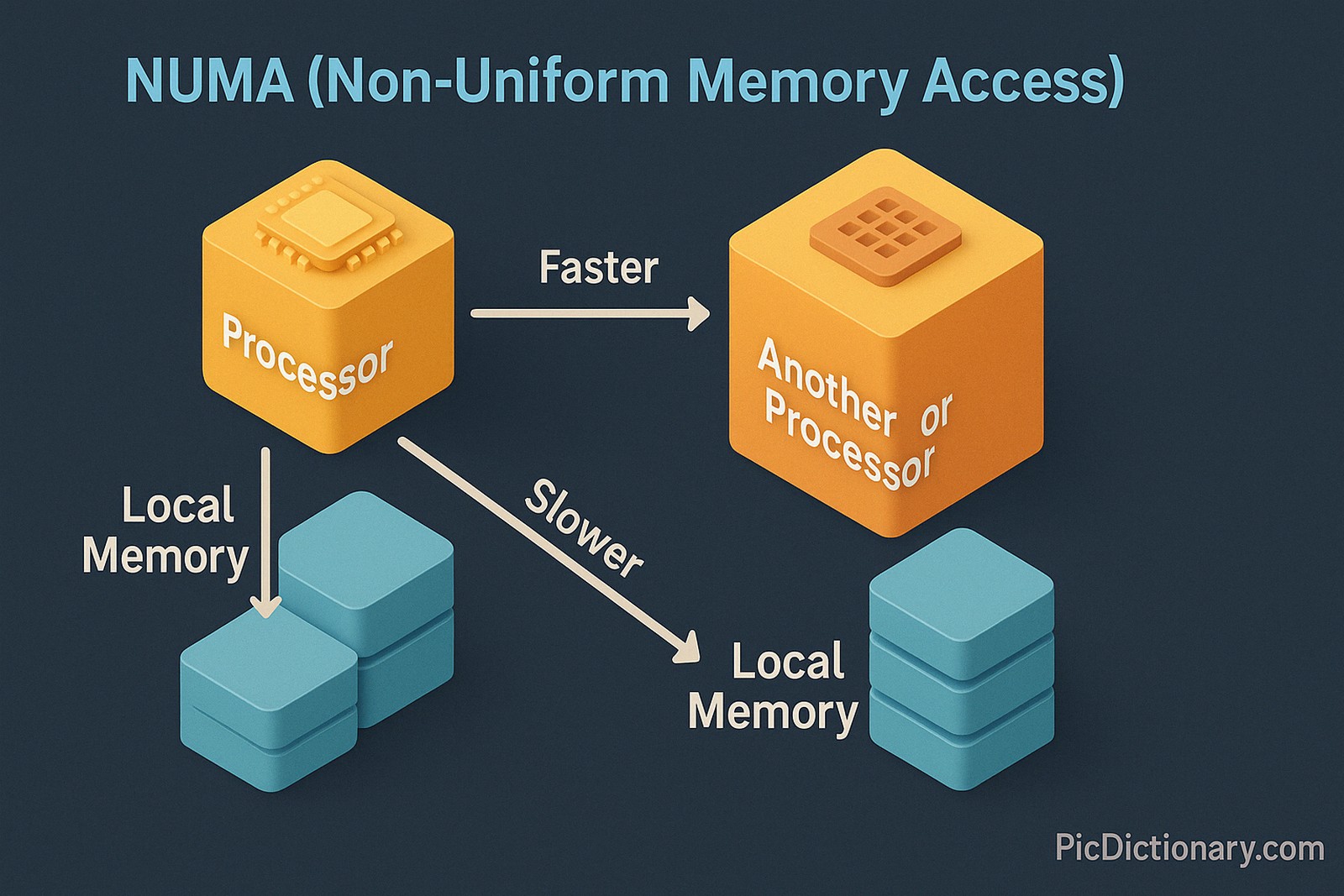 A 3D infographic illustrates NUMA (Non-Uniform Memory Access). It shows two processors, each with its own stack of "Local Memory." Arrows indicate that accessing local memory is "Faster," while accessing memory tied to another processor is "Slower." 