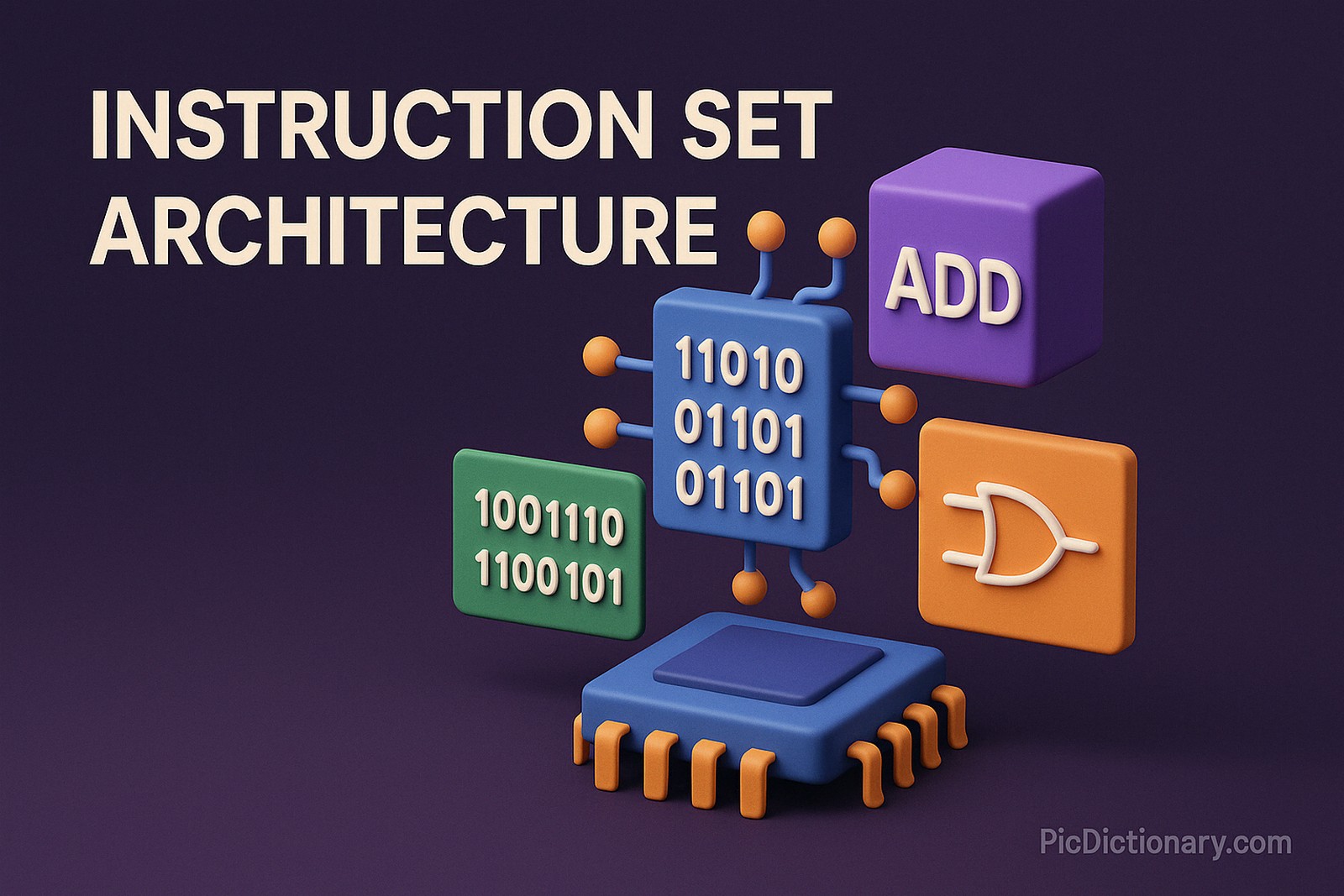 A 3D-rendered digital illustration features a dark purple background and the title "INSTRUCTION SET ARCHITECTURE" in bold text. Floating icons depict binary code blocks, a central microprocessor, a cube labeled "ADD," and an OR gate symbol. The visual elements represent computing and logic operations.