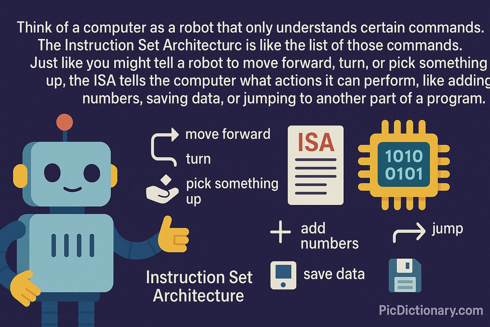 A 2D digital infographic illustrates Instruction Set Architecture using a cheerful robot pointing to icons for commands like move, turn, and pick up. It also shows symbols for ISA tasks like adding numbers, saving data, and jumping in programs.