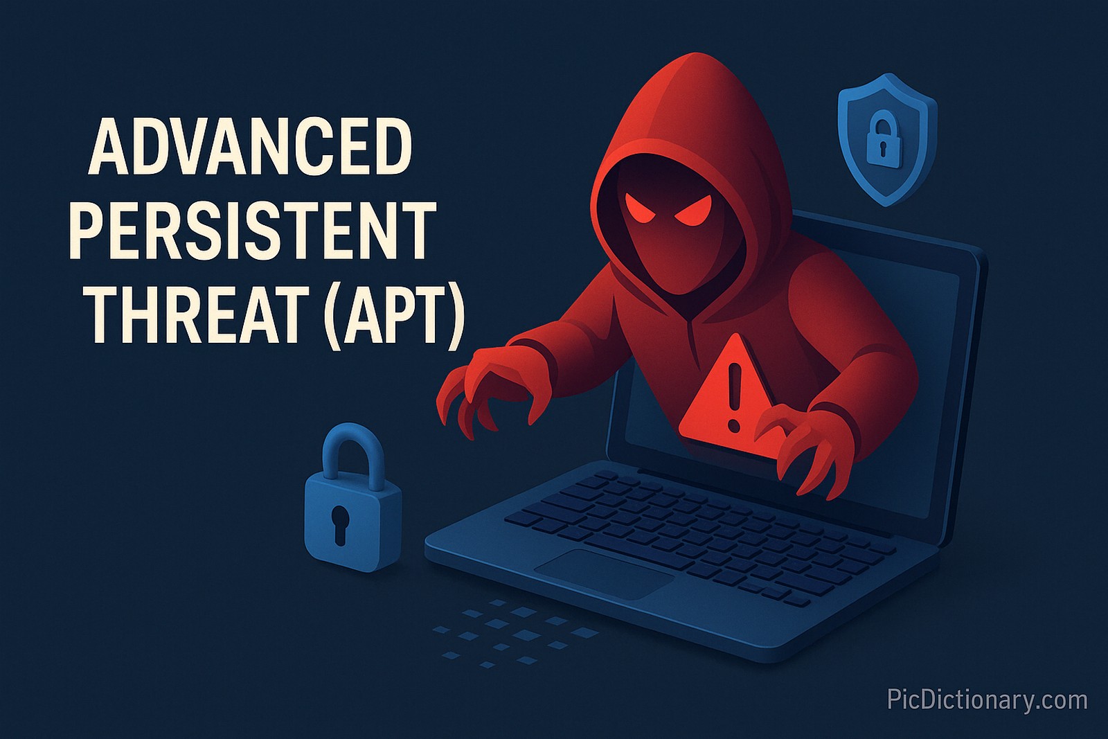 A 3D-rendered digital illustration depicts the concept of an Advanced Persistent Threat (APT). A red-hooded, shadowy hacker figure emerges ominously from a laptop screen, holding a triangular warning sign with an exclamation mark. 