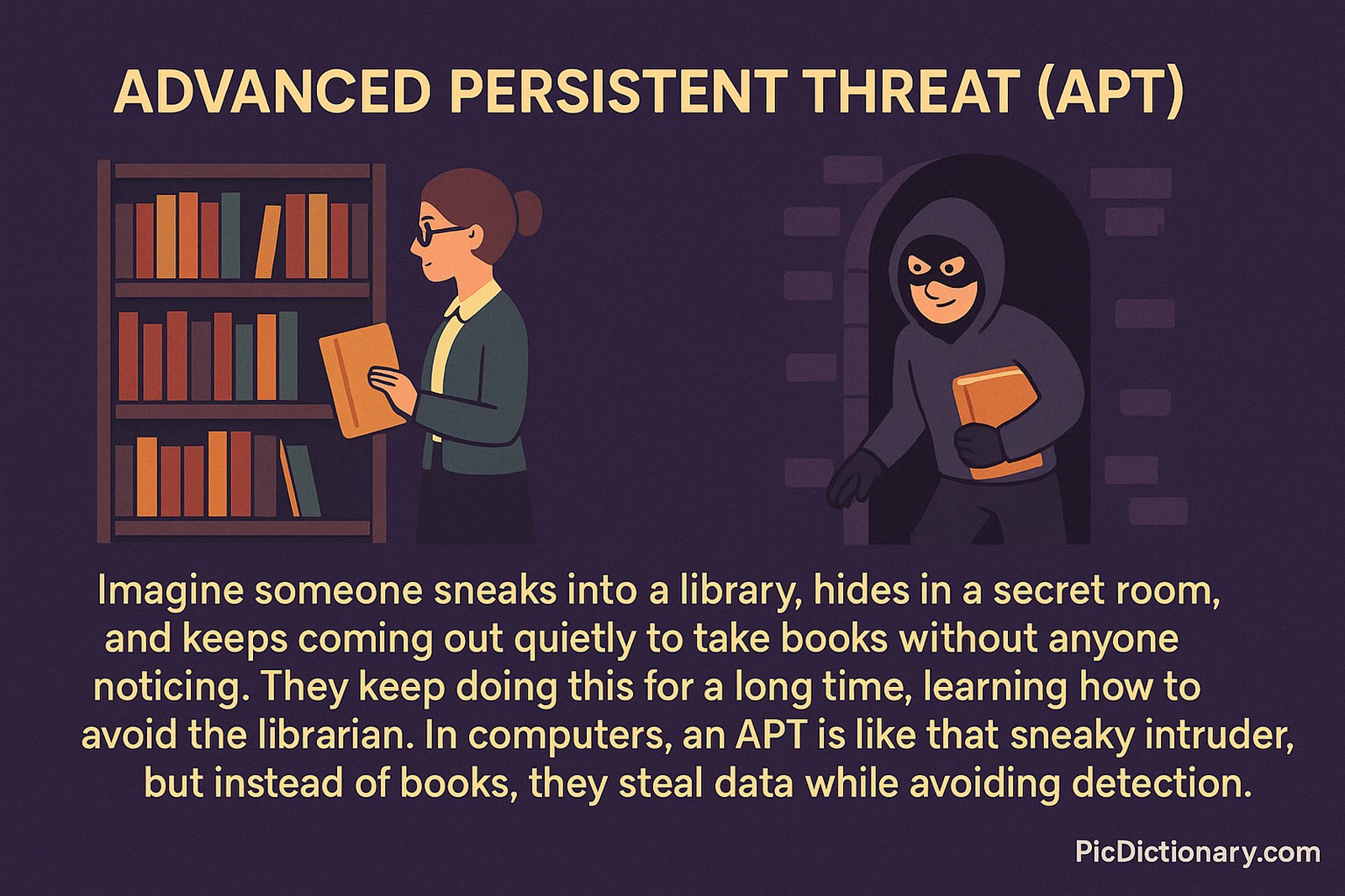 A 2D digital illustration of a dark-toned library scene where a hooded intruder sneaks from a hidden room holding a book, while a librarian looks away, unaware. Below, explanatory text compares this to an Advanced Persistent Threat (APT), likening the intruder to a cyber attacker who stealthily steals data over time.