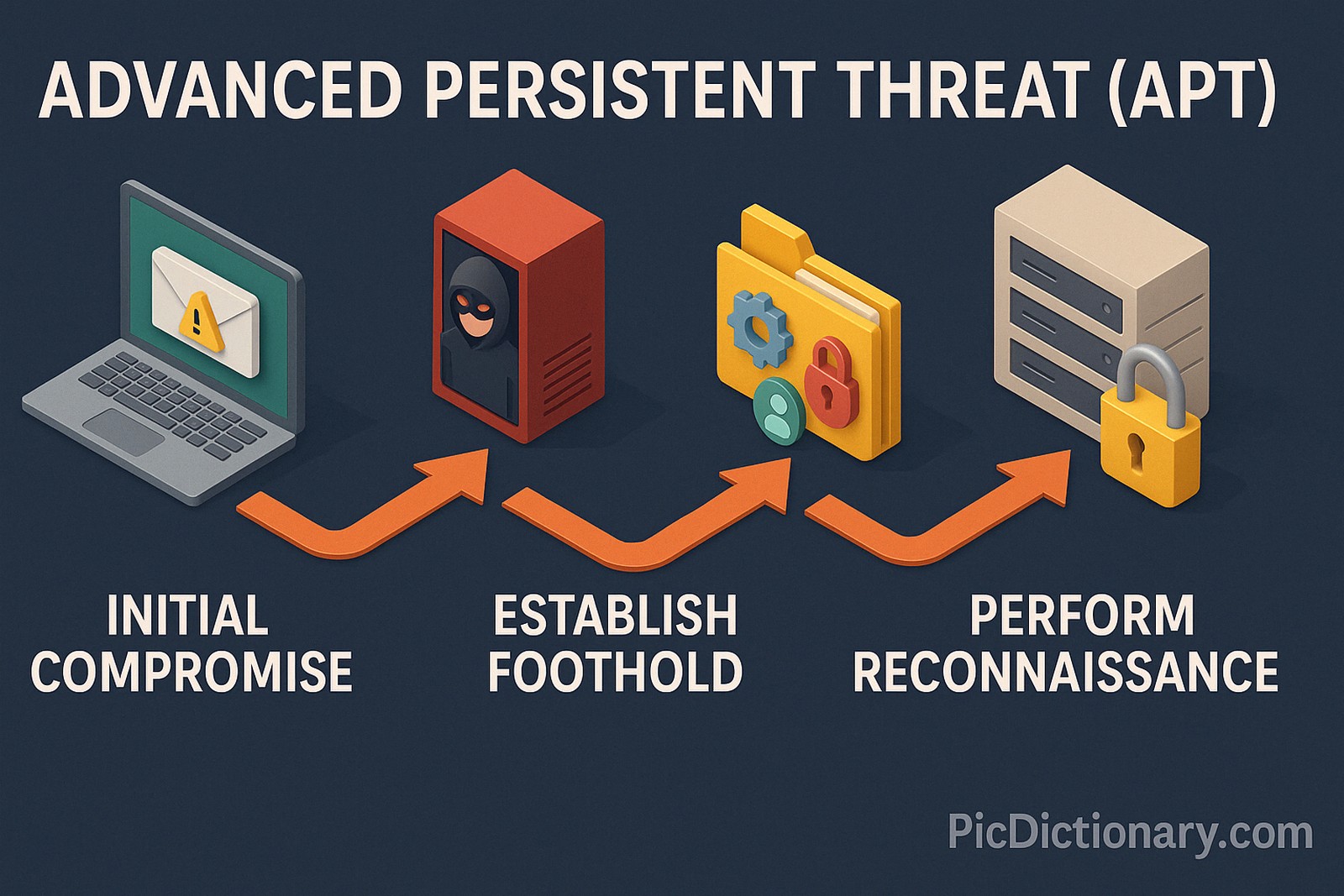 "Initial Compromise" with a laptop and warning mail icon,  "Establish Foothold" with a hacker inside a red CPU tower,  "Perform Reconnaissance" using a yellow folder with gear and lock symbols,