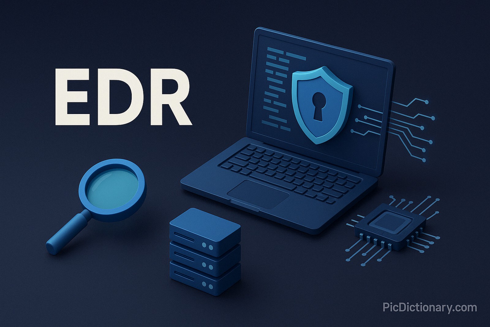 A 3D-rendered digital illustration for an article titled "EDR" (Endpoint Detection and Response), featuring a dark blue background with a laptop displaying a shield and keyhole icon on the screen. The laptop is connected to a central chip with glowing lines, alongside a magnifying glass and stacked server units. 